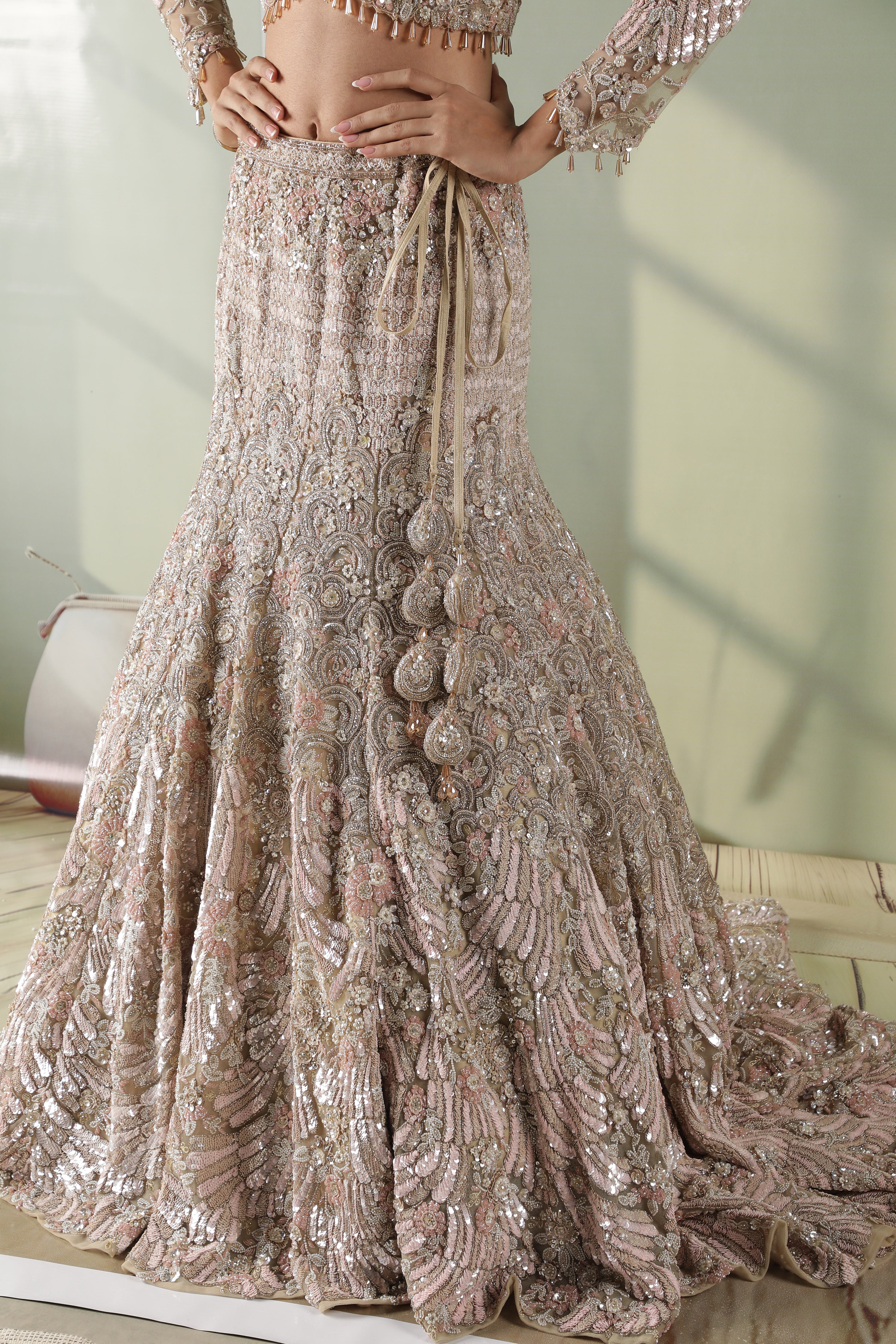 Beige Gold Mermaid Cut Bridal Lehenga Set with Trail