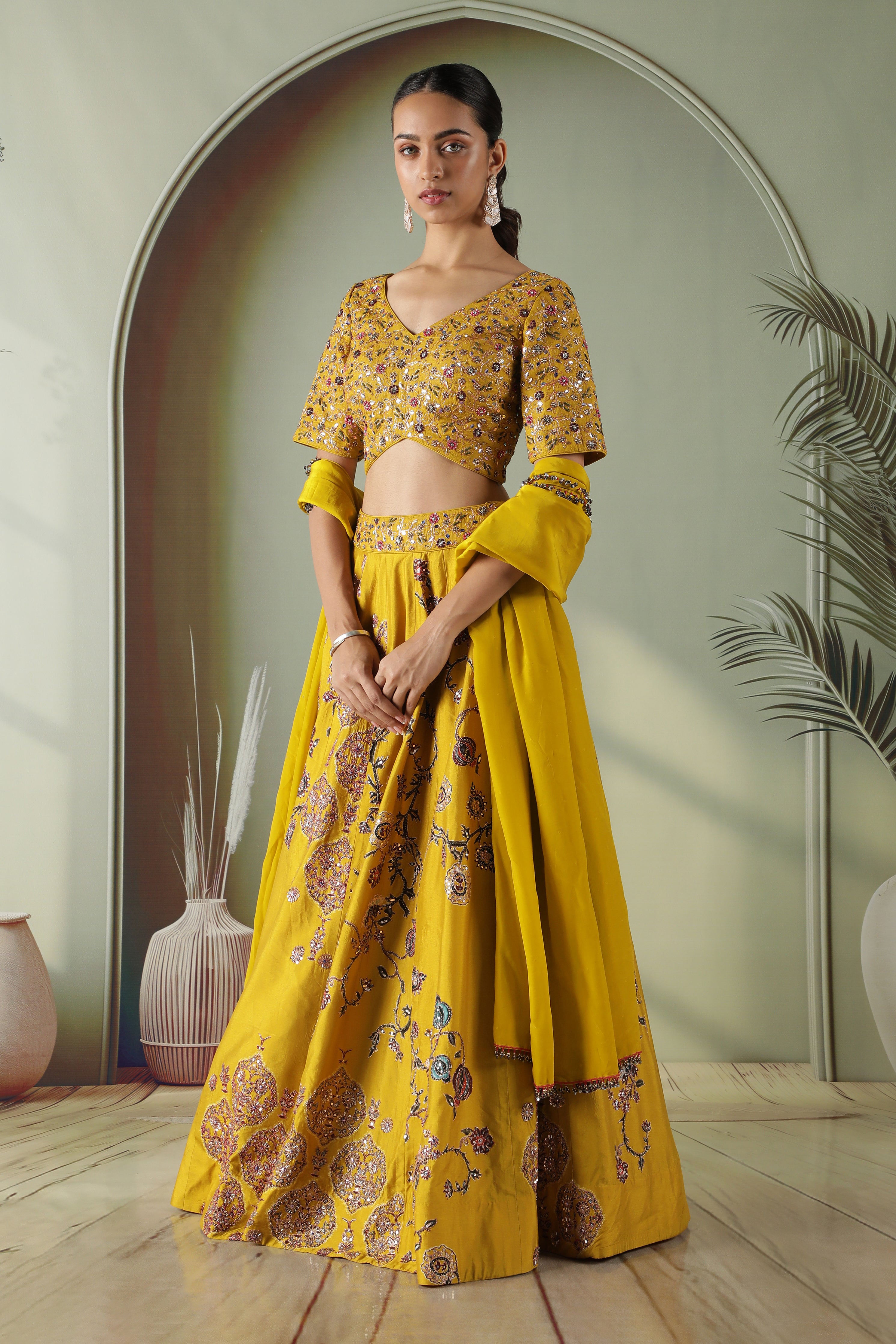 Yellow Printed Silk Lehenga Set