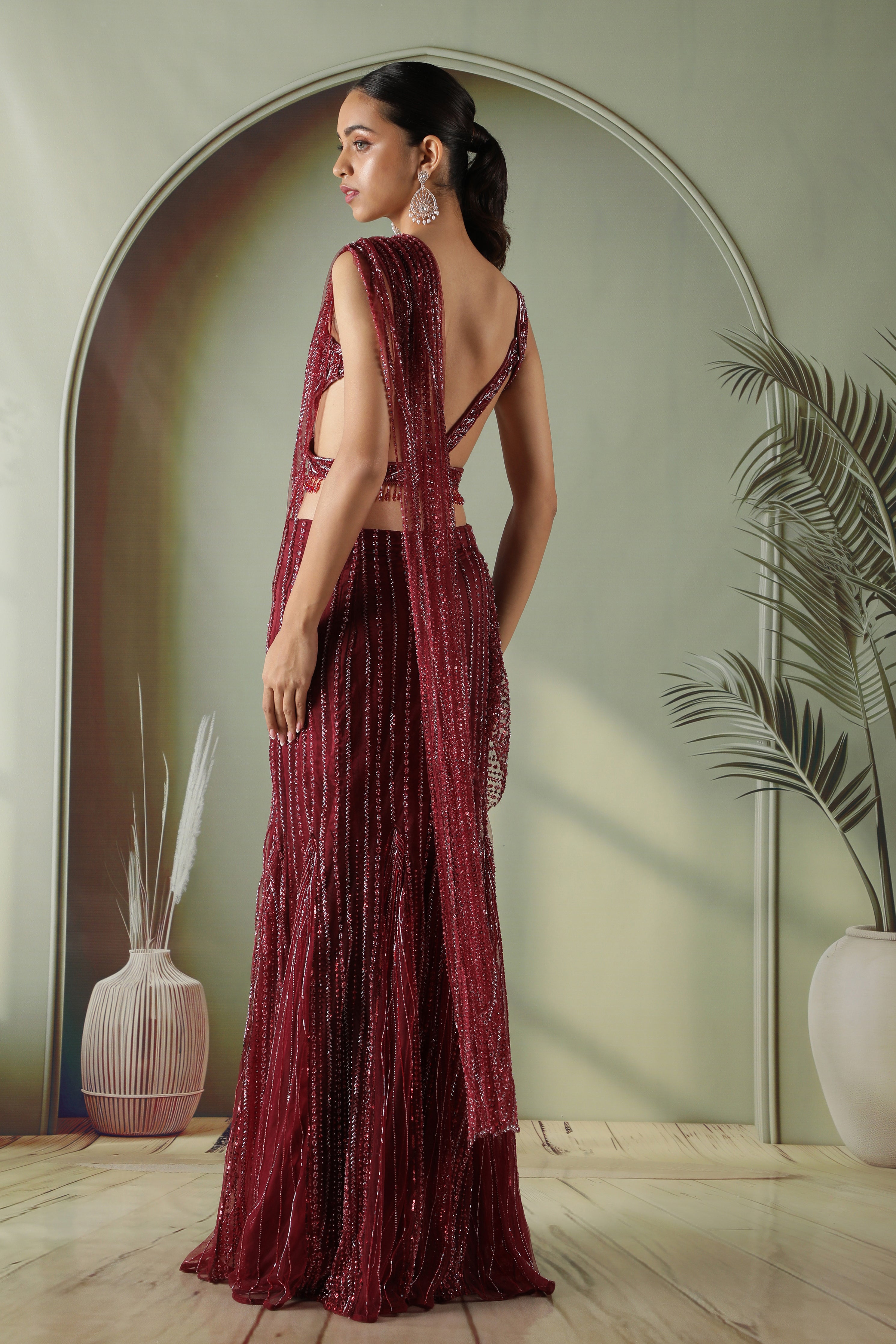 Wine Red Mermaid Cut Draped Net Skirt Set