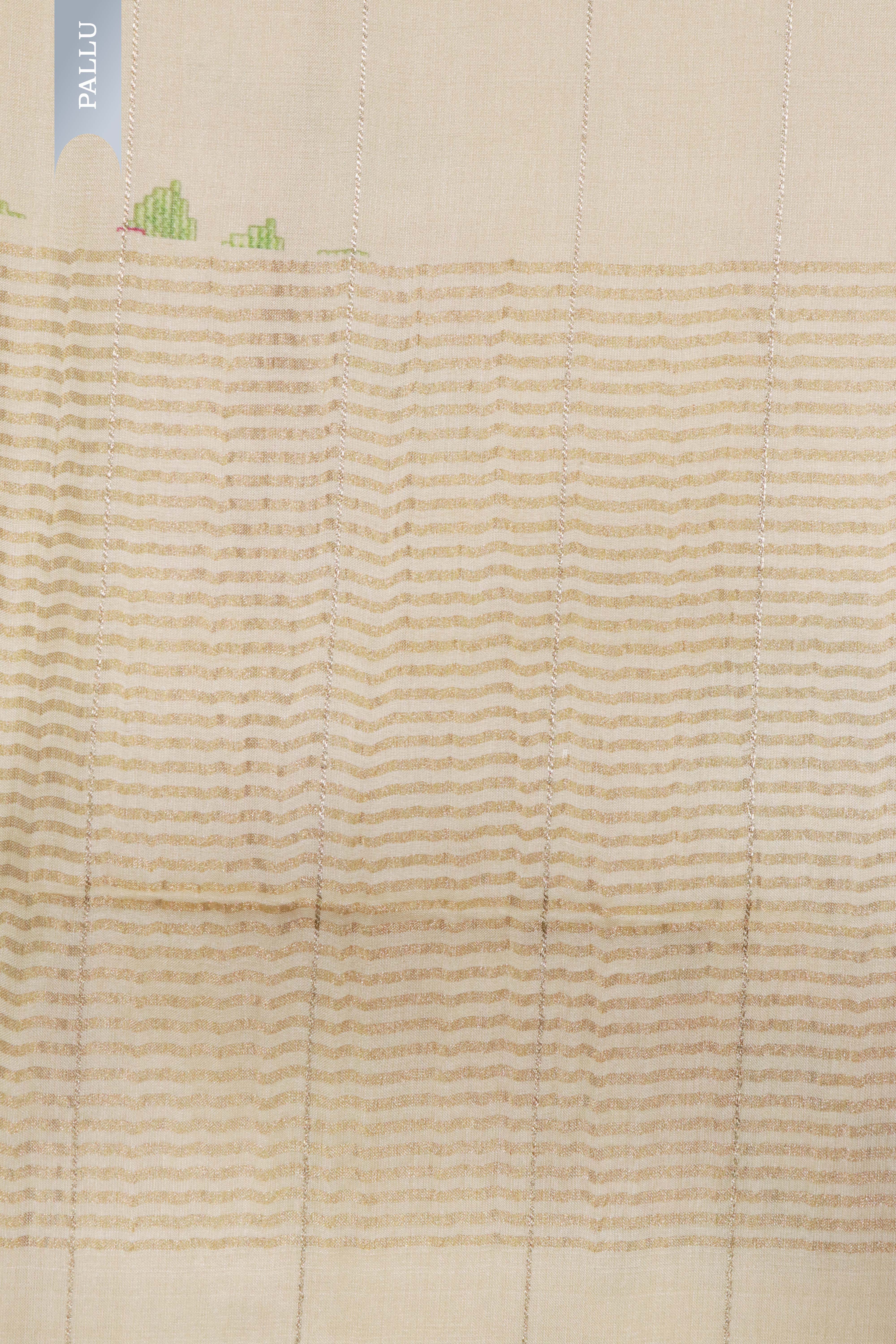 Cream Tussar Silk Saree with Golden Zari Stripes & Floral Print