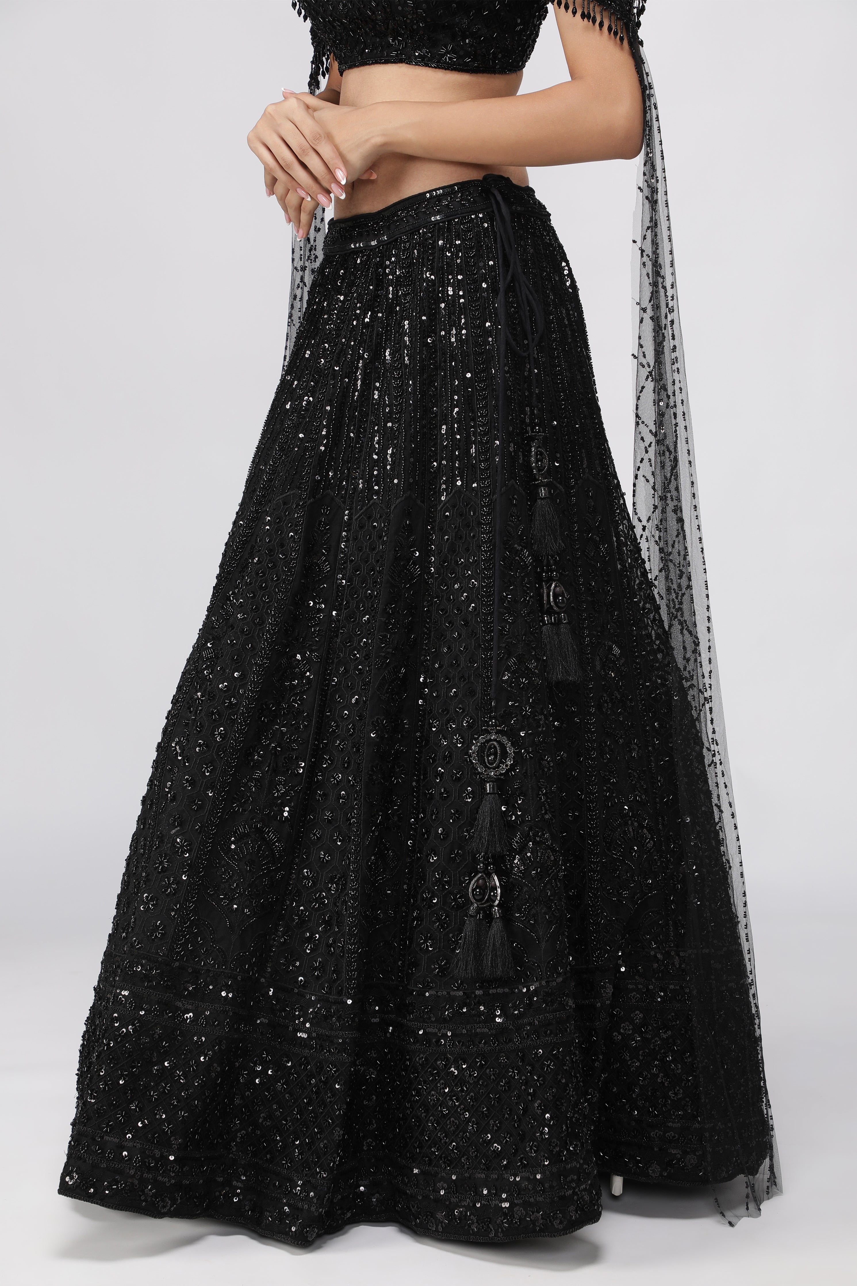 Black Net Embroidered Lehenga Set with Cape Dupatta