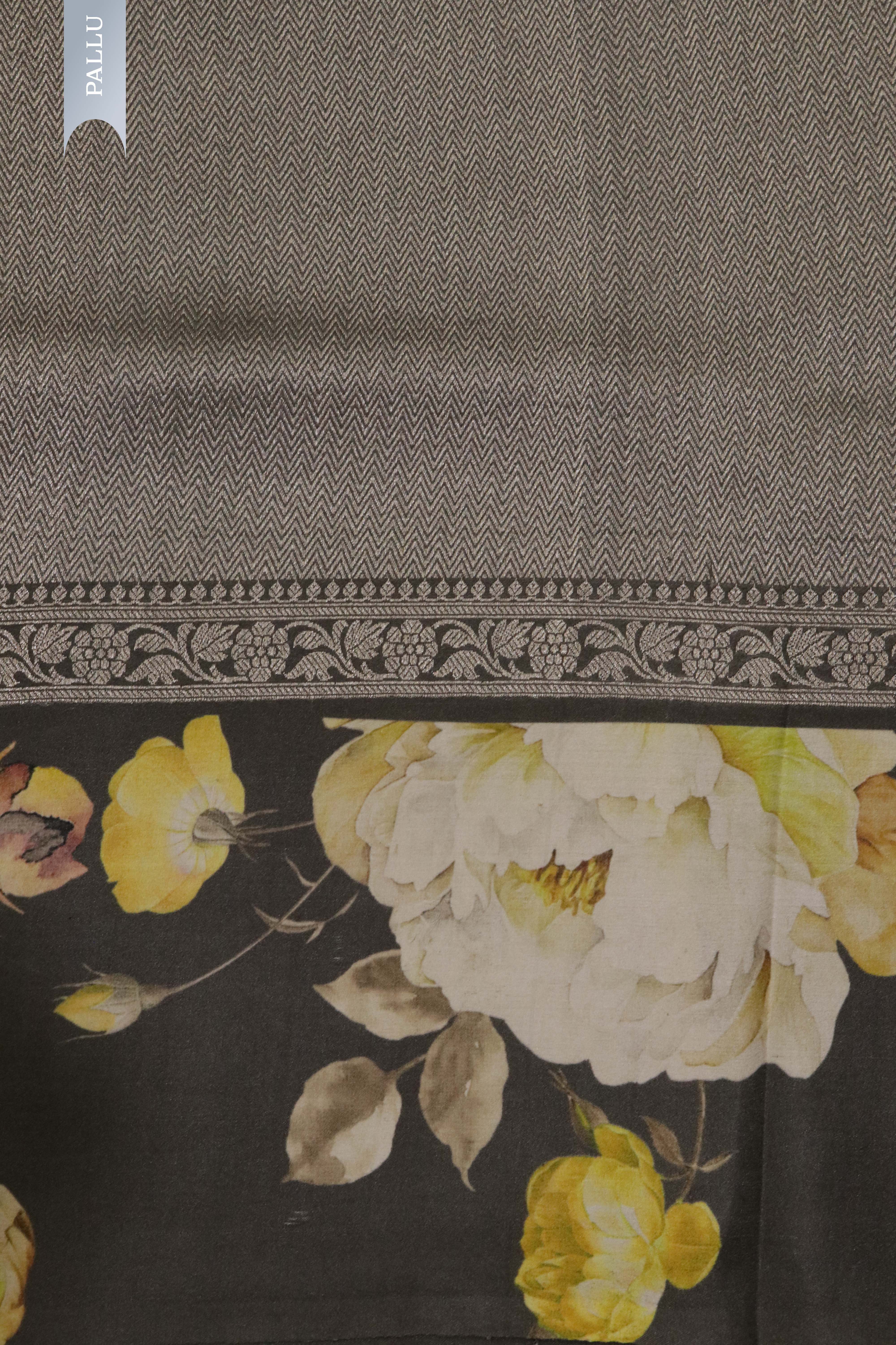 Grey Tussar Silk Saree with Silver Zari Motifs & Floral Print
