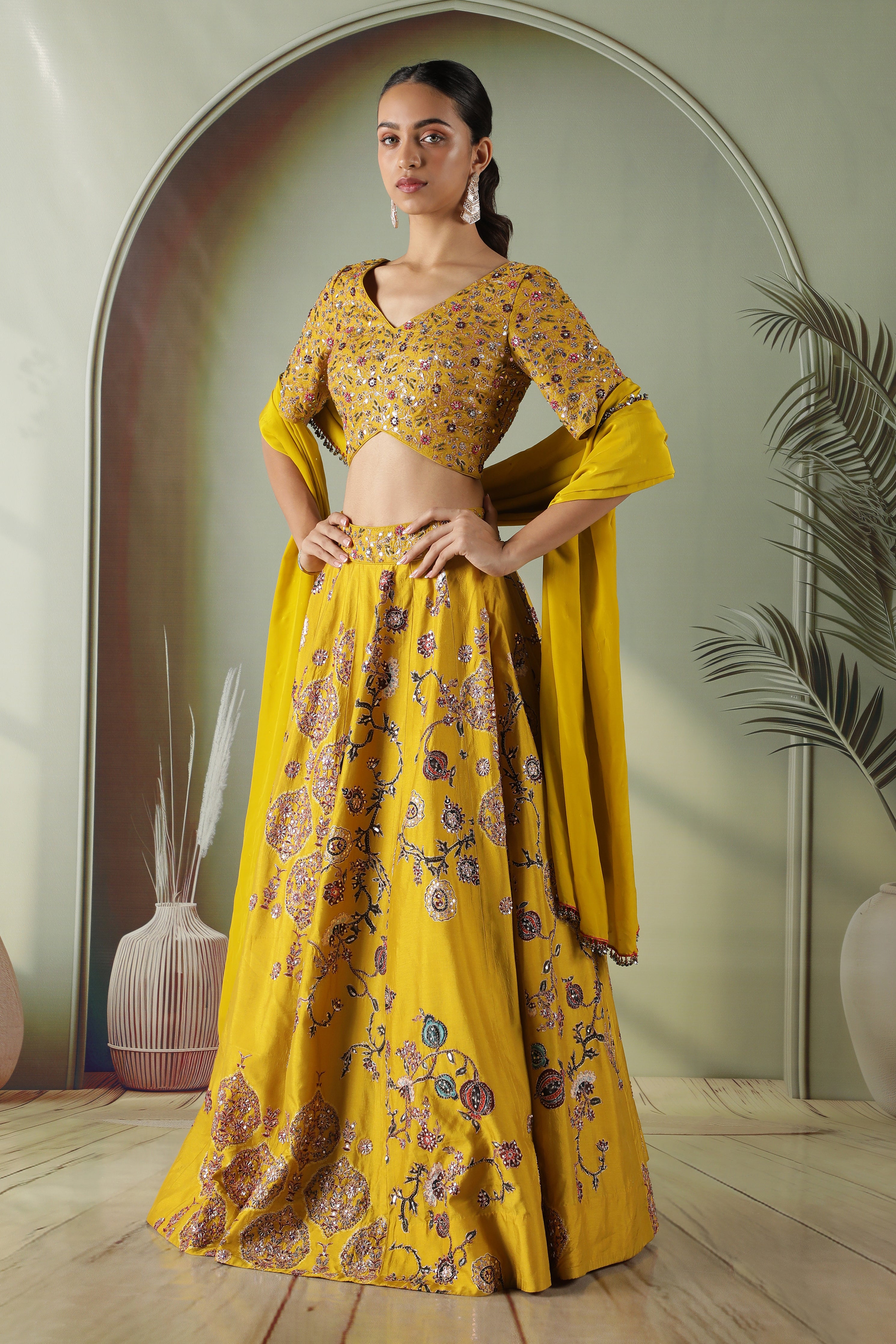 Yellow Printed Silk Lehenga Set