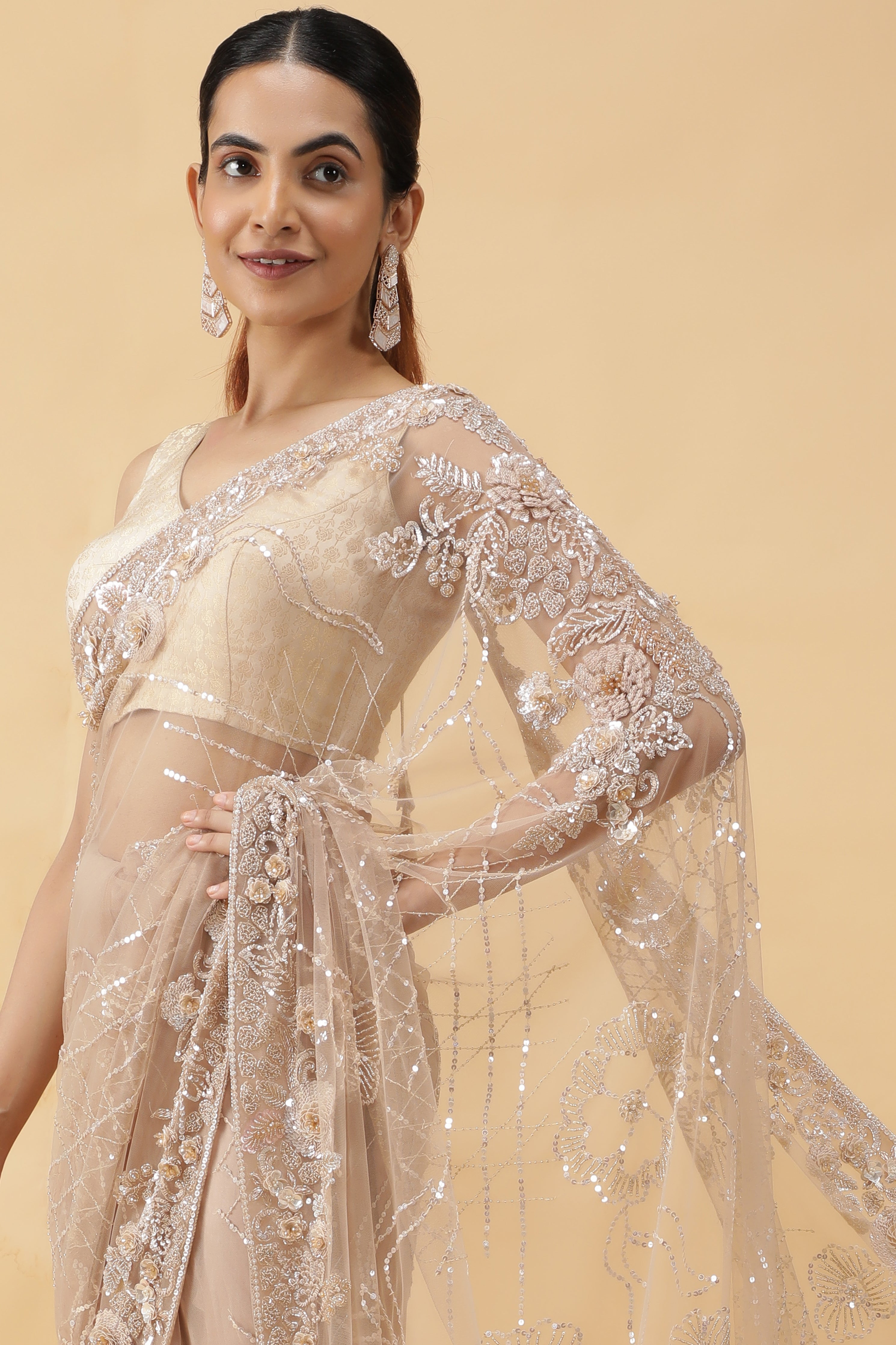 Beige Net Saree with All Over Sequins Work