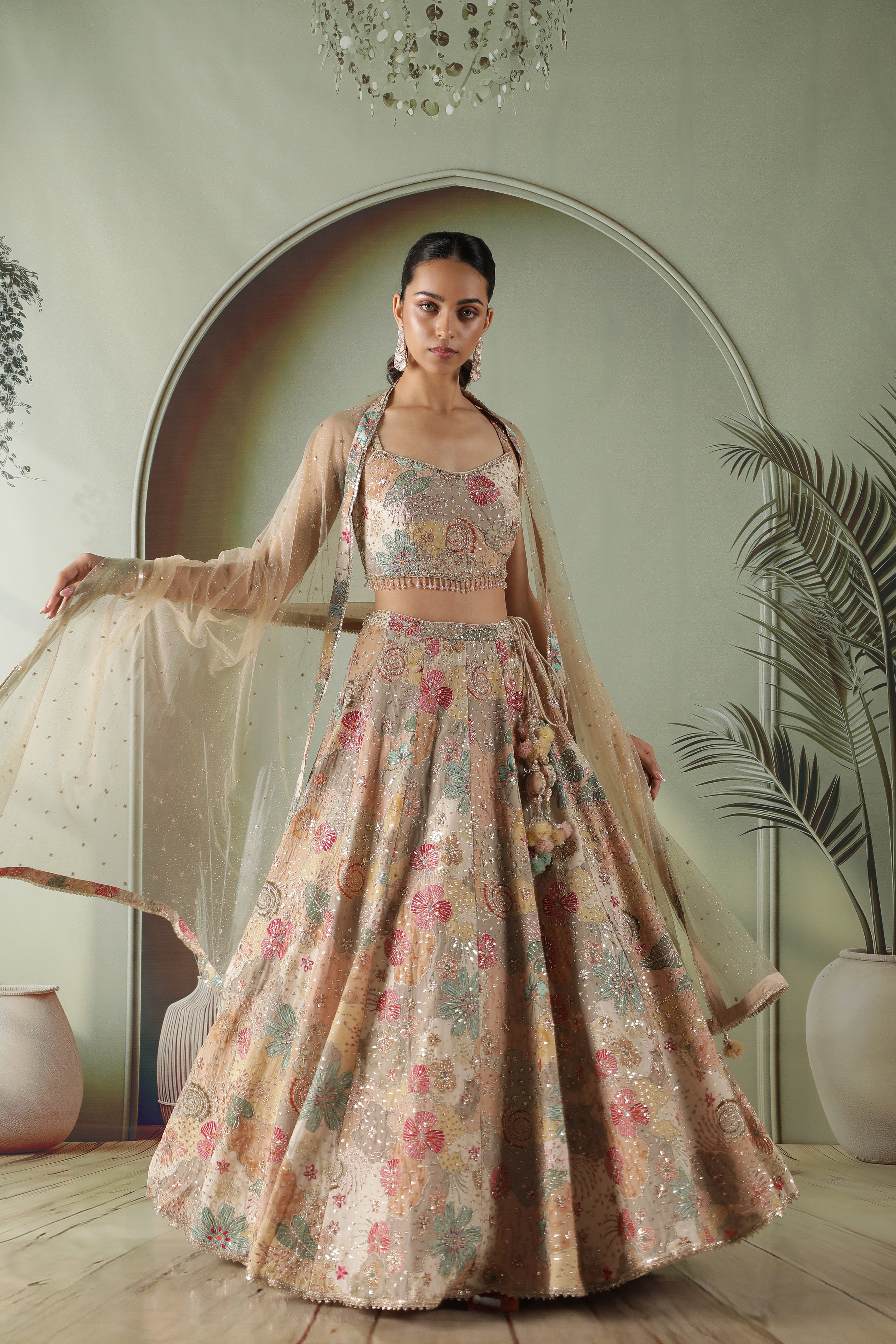 Beige Printed Silk Lehenga Set