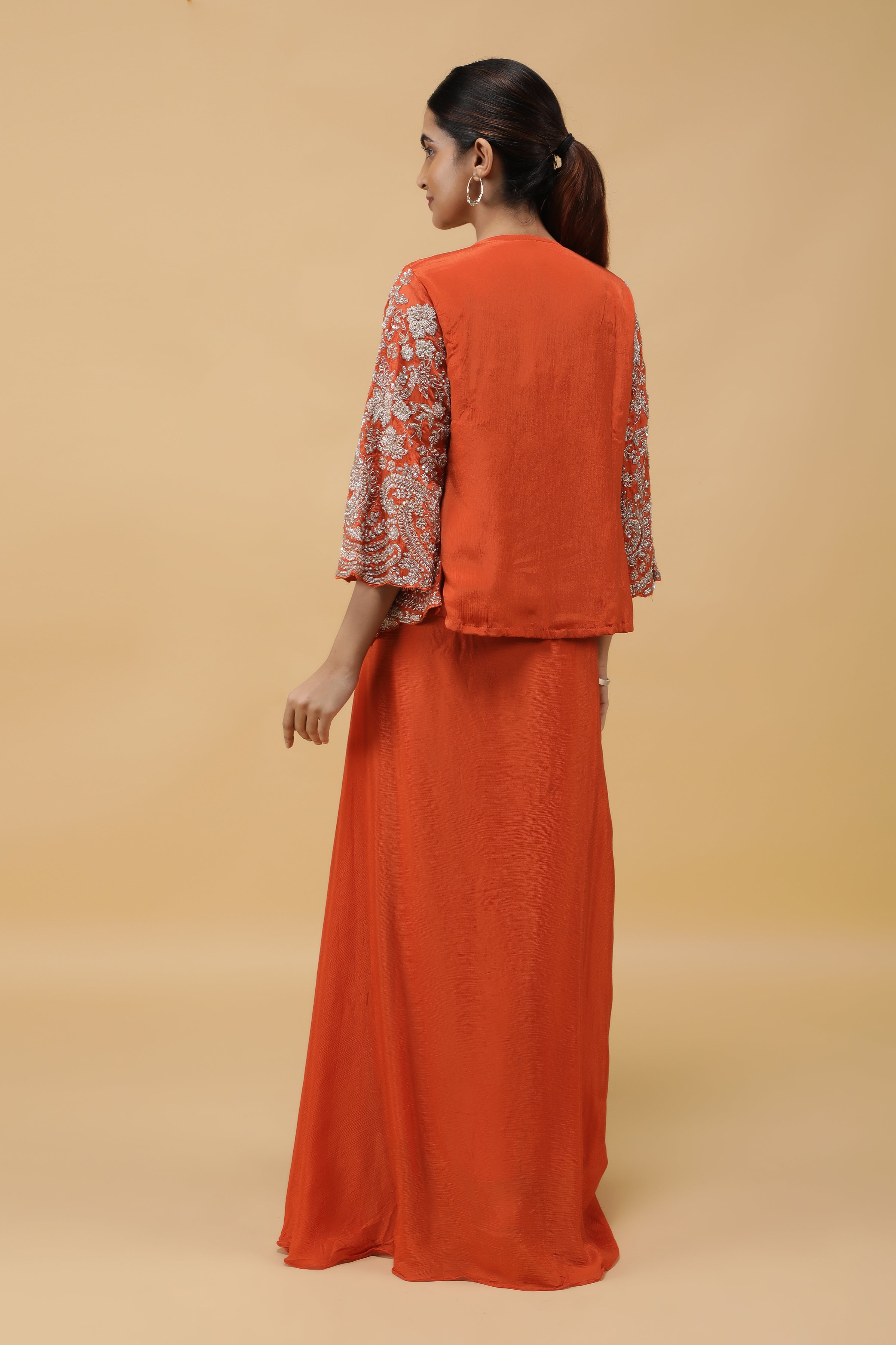 Saffron Luxe Kutdana Embroidered Crop Top, Draped Skirt & Jacket Set