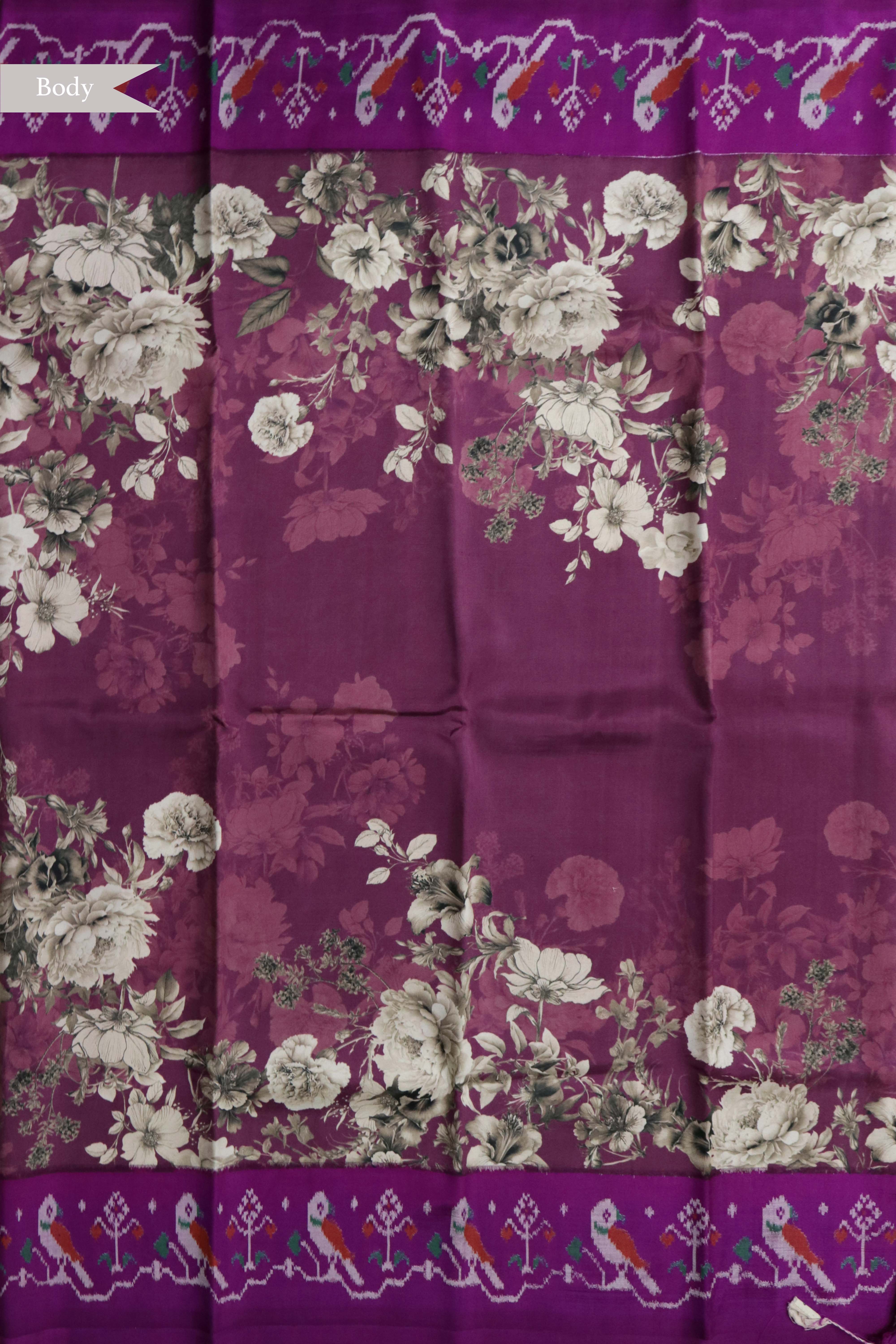 Dusty Wine Silk Saree with Floral Print & Ikat Border