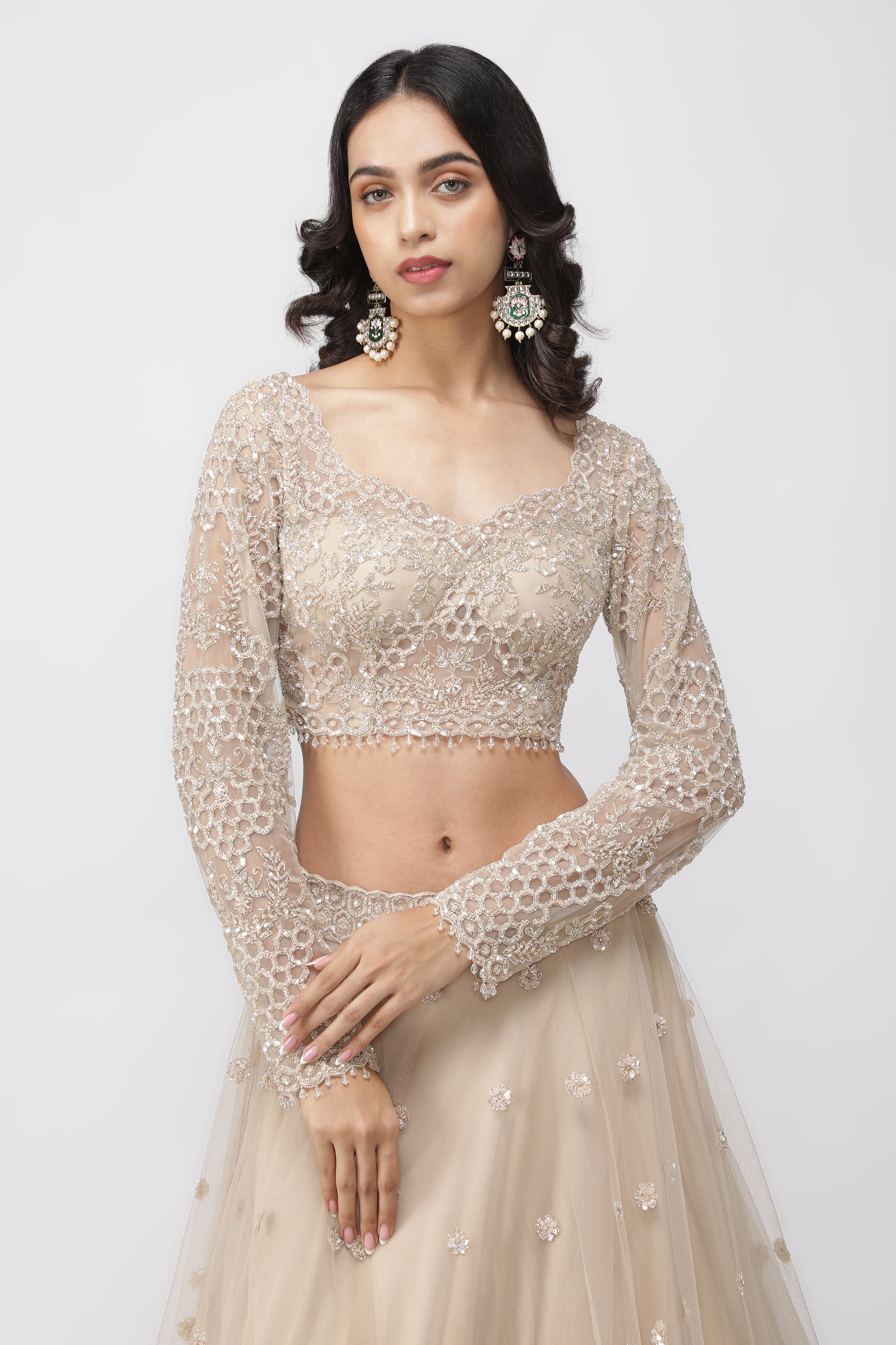 Light Beige Net Lehenga Set with Sequin and Cutdana Embroidery