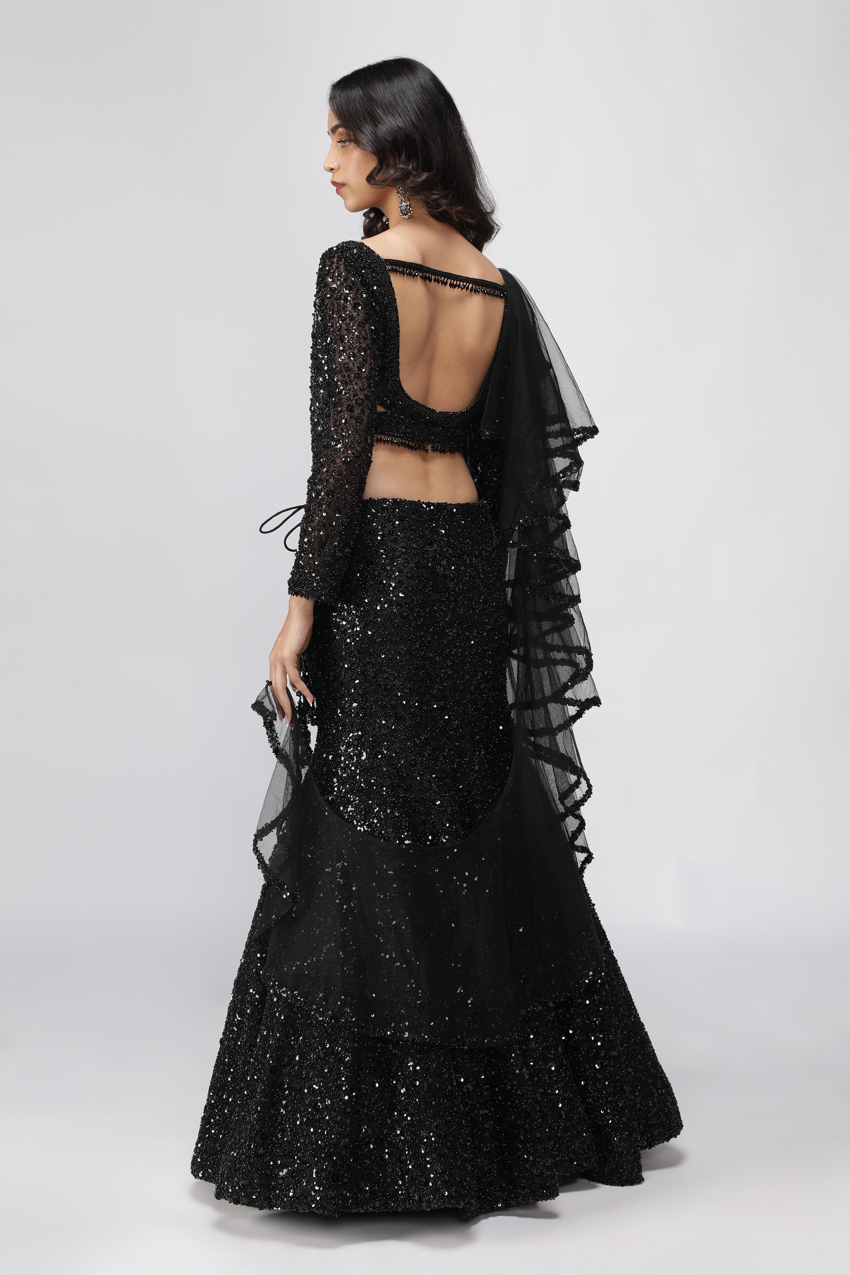 Black Net Sequin Embroidered Lehenga Set with Cape
