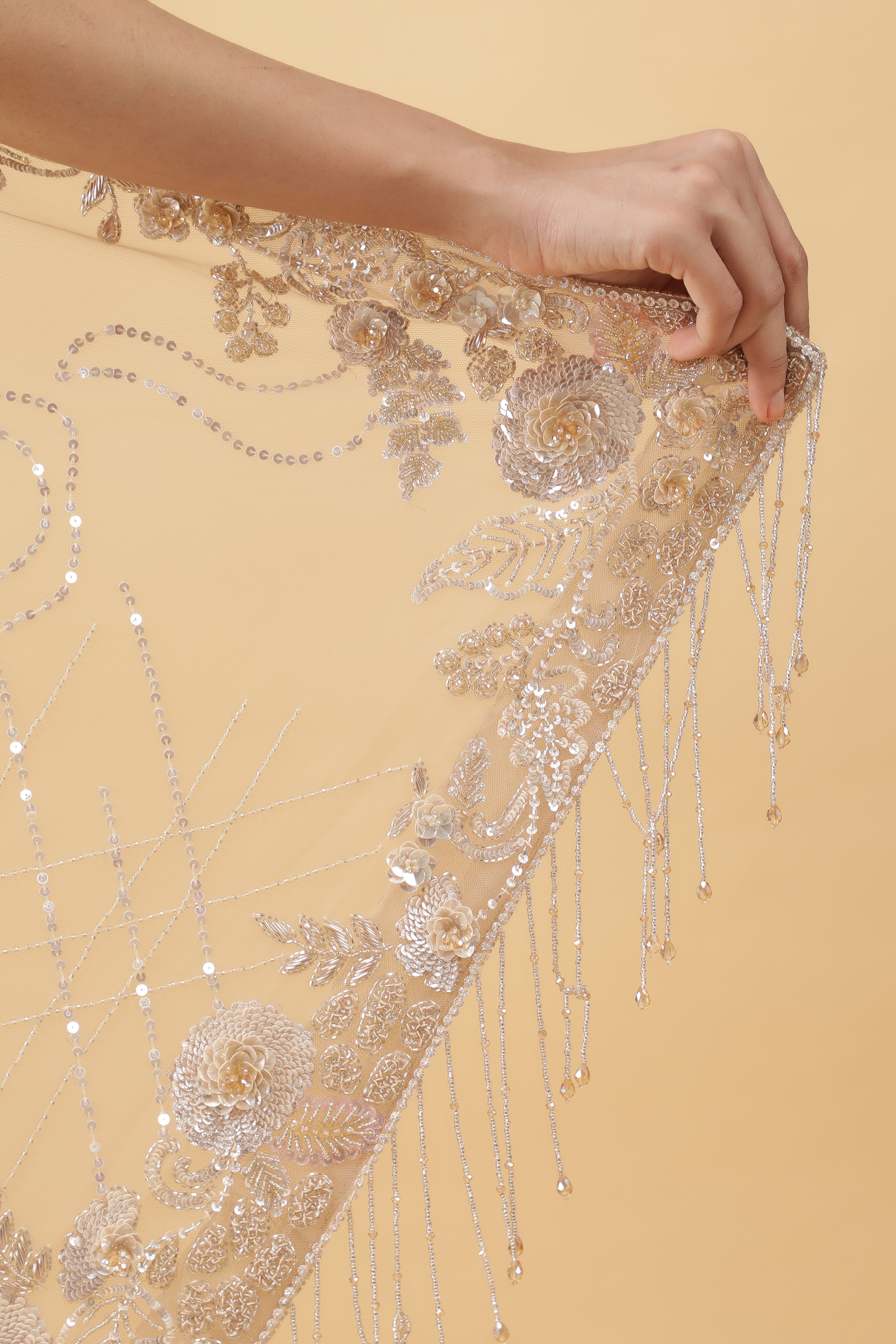 Beige Net Saree with All Over Sequins Work