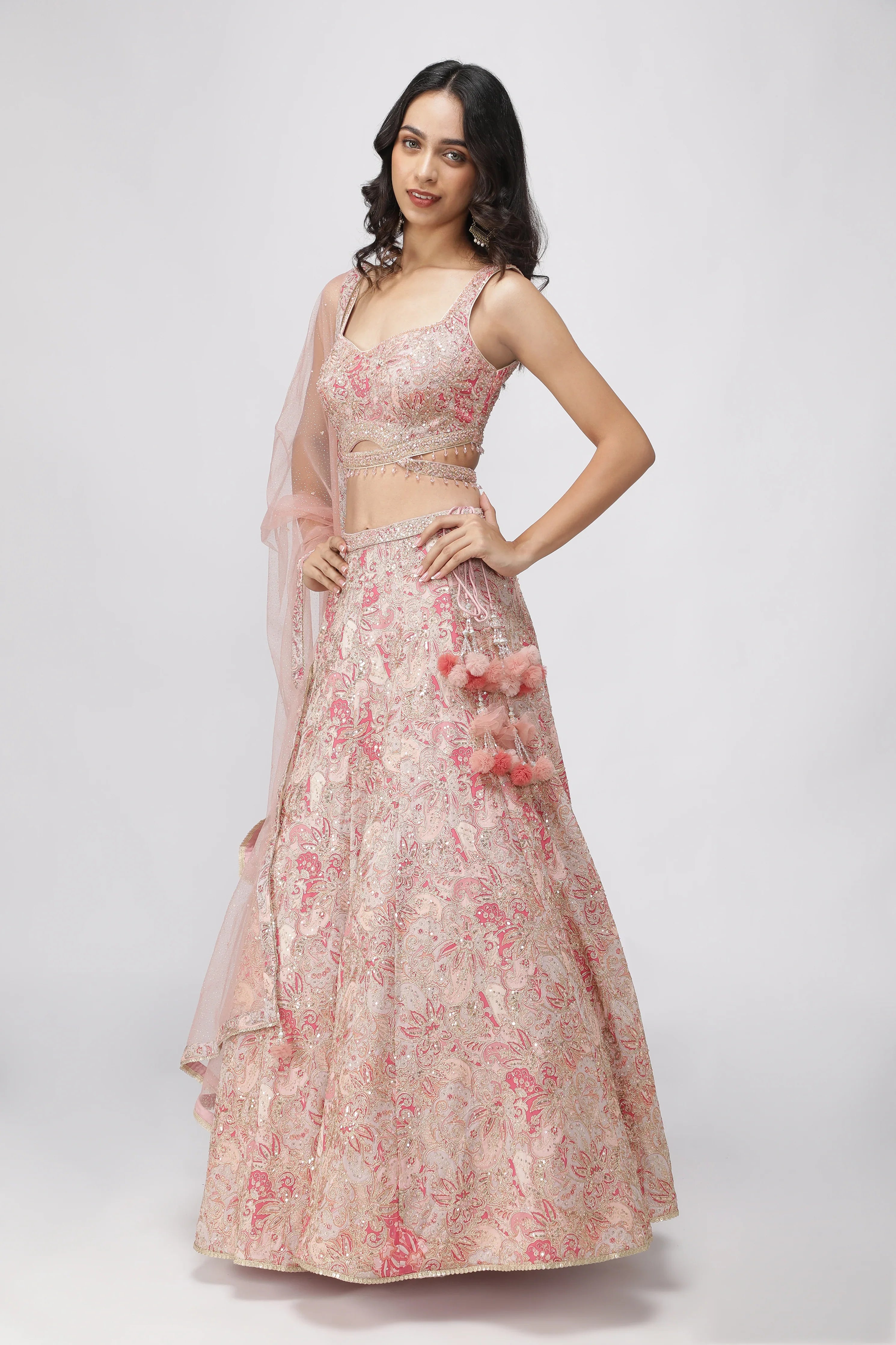 Peach Printed Georgette Lehenga Set with Net Dupatta | Mokshaa