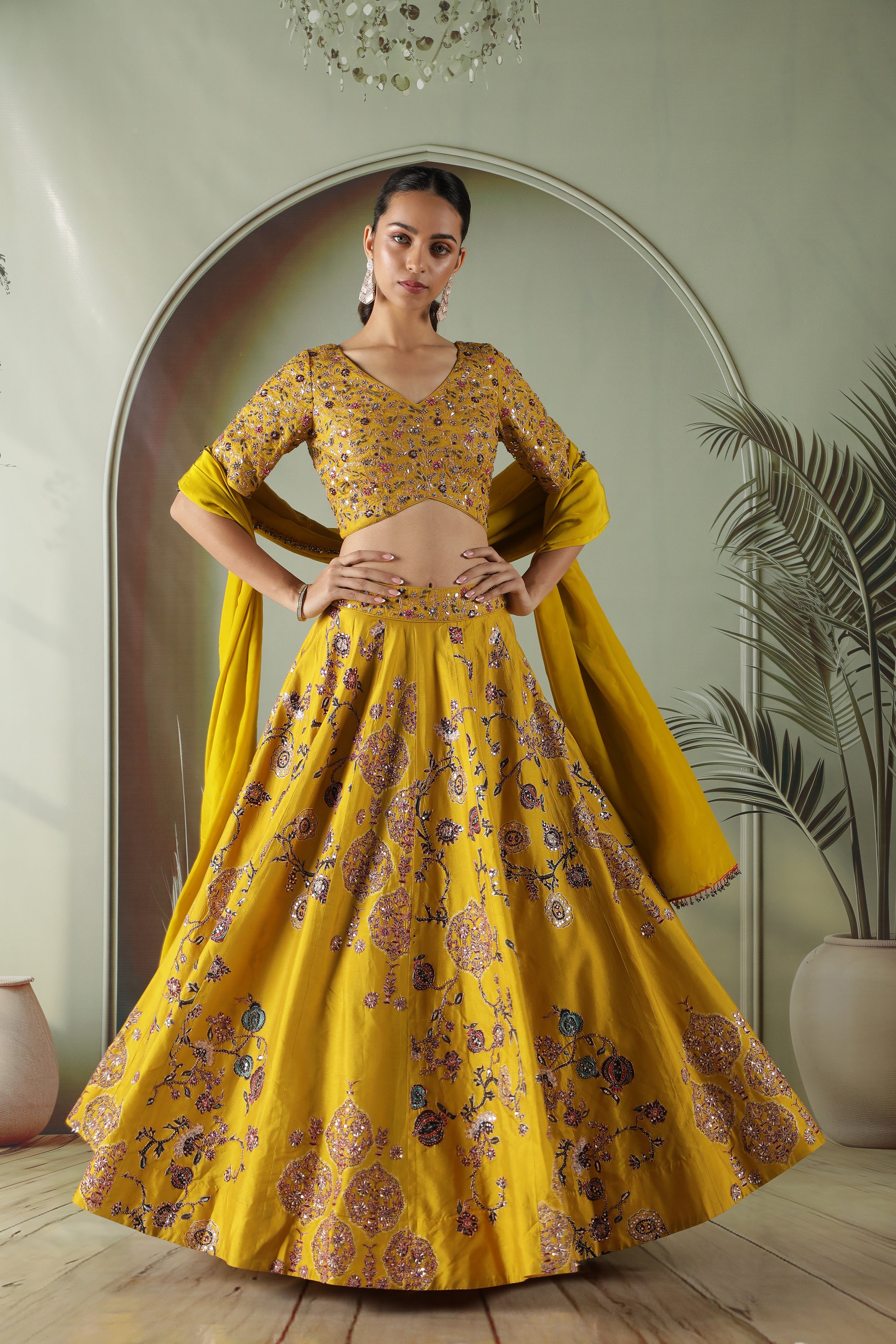 Yellow Printed Silk Lehenga Set