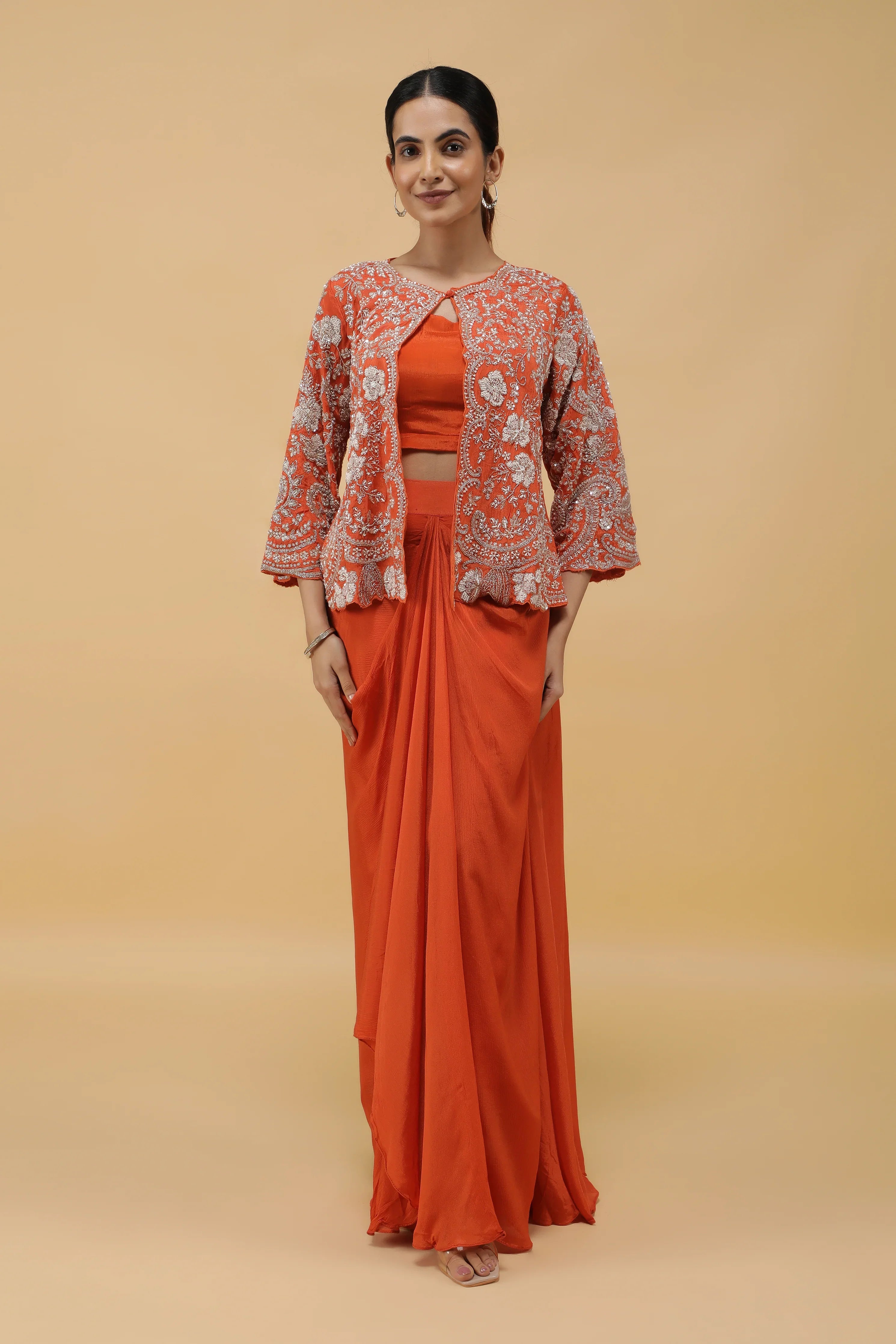 Saffron Luxe Kutdana Embroidered Crop Top, Draped Skirt & Jacket Set | Mokshaa