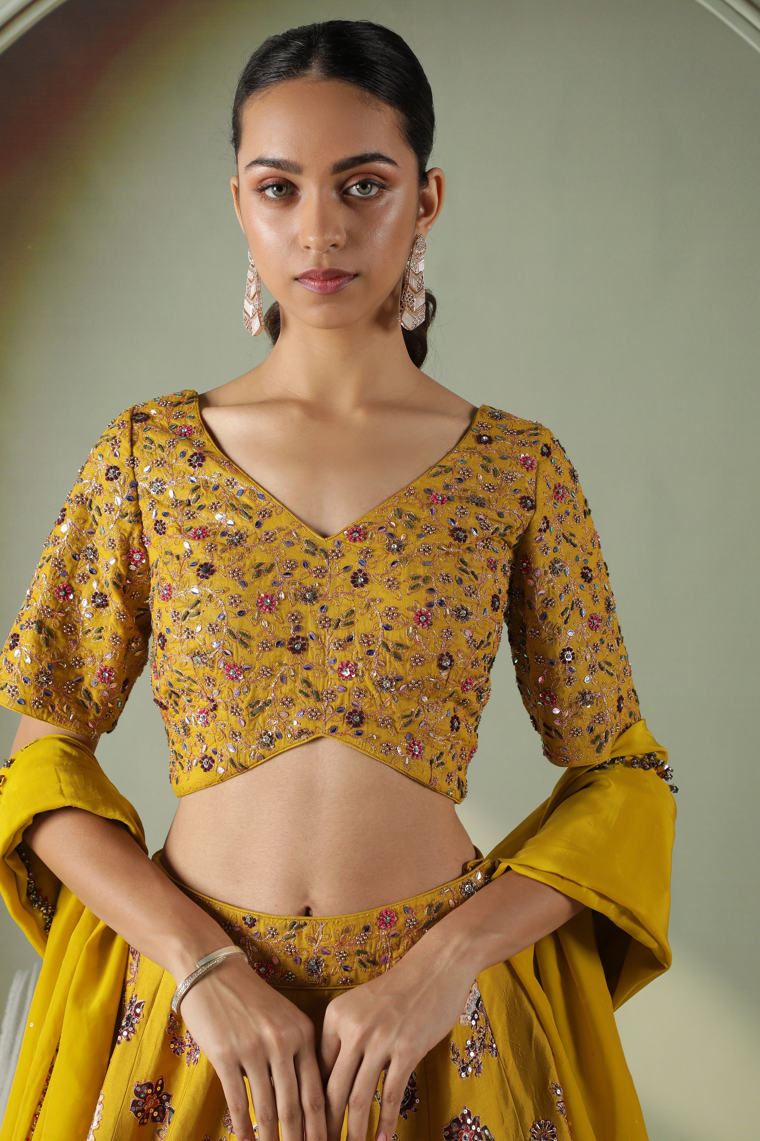 Yellow Printed Silk Lehenga Set