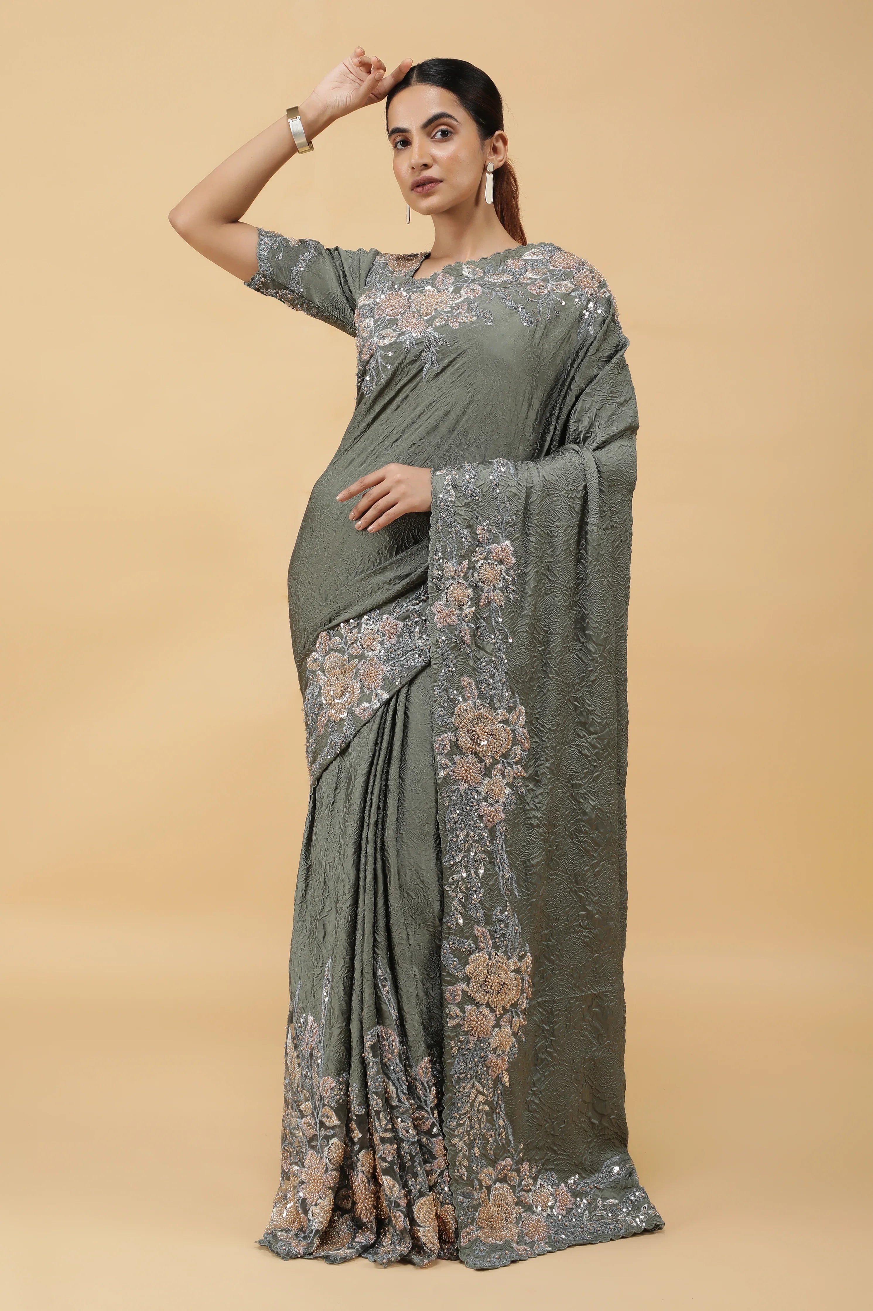 Olive Green Crepe Silk Saree with Sequin Beads Border - Mokshaa