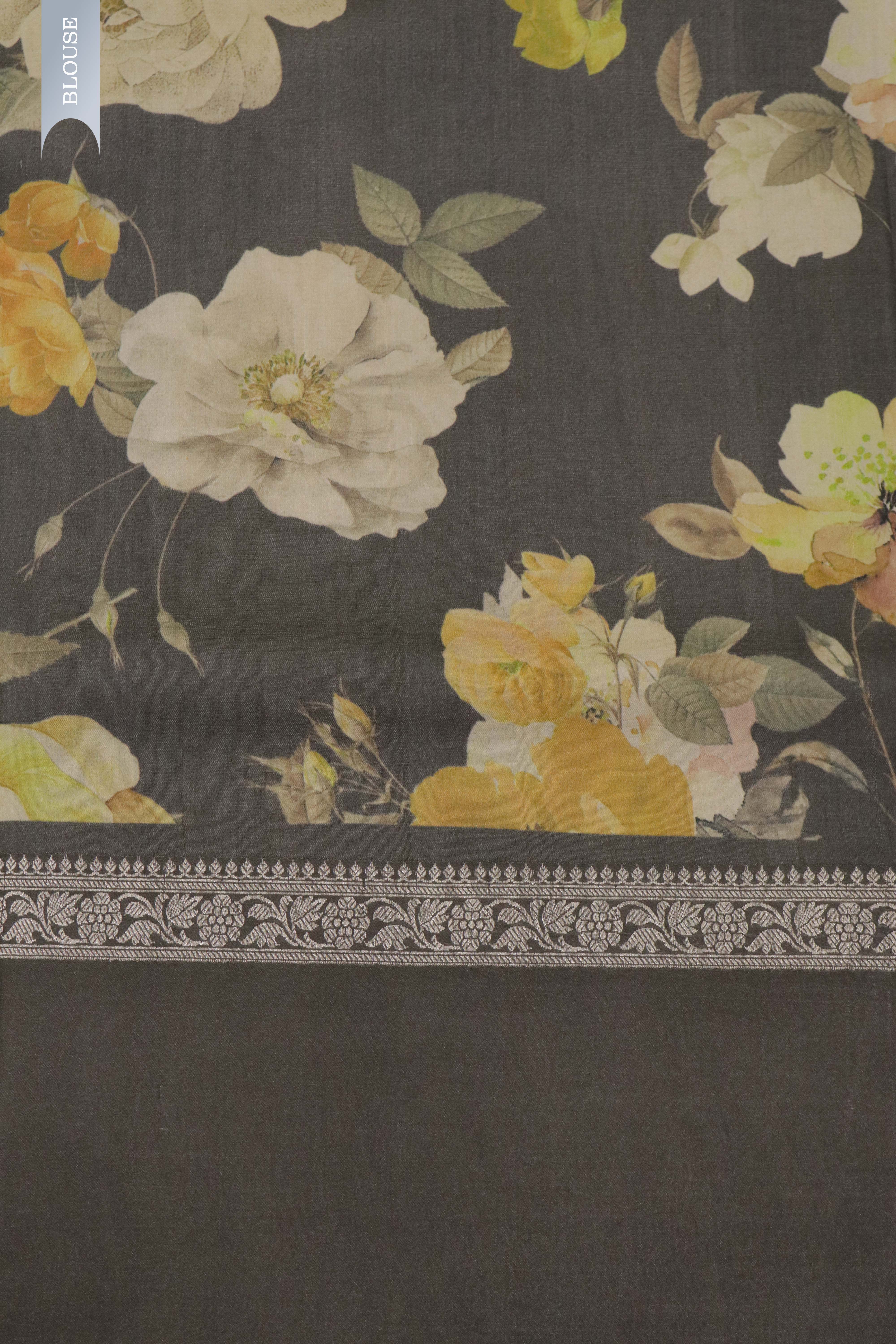 Grey Tussar Silk Saree with Silver Zari Motifs & Floral Print
