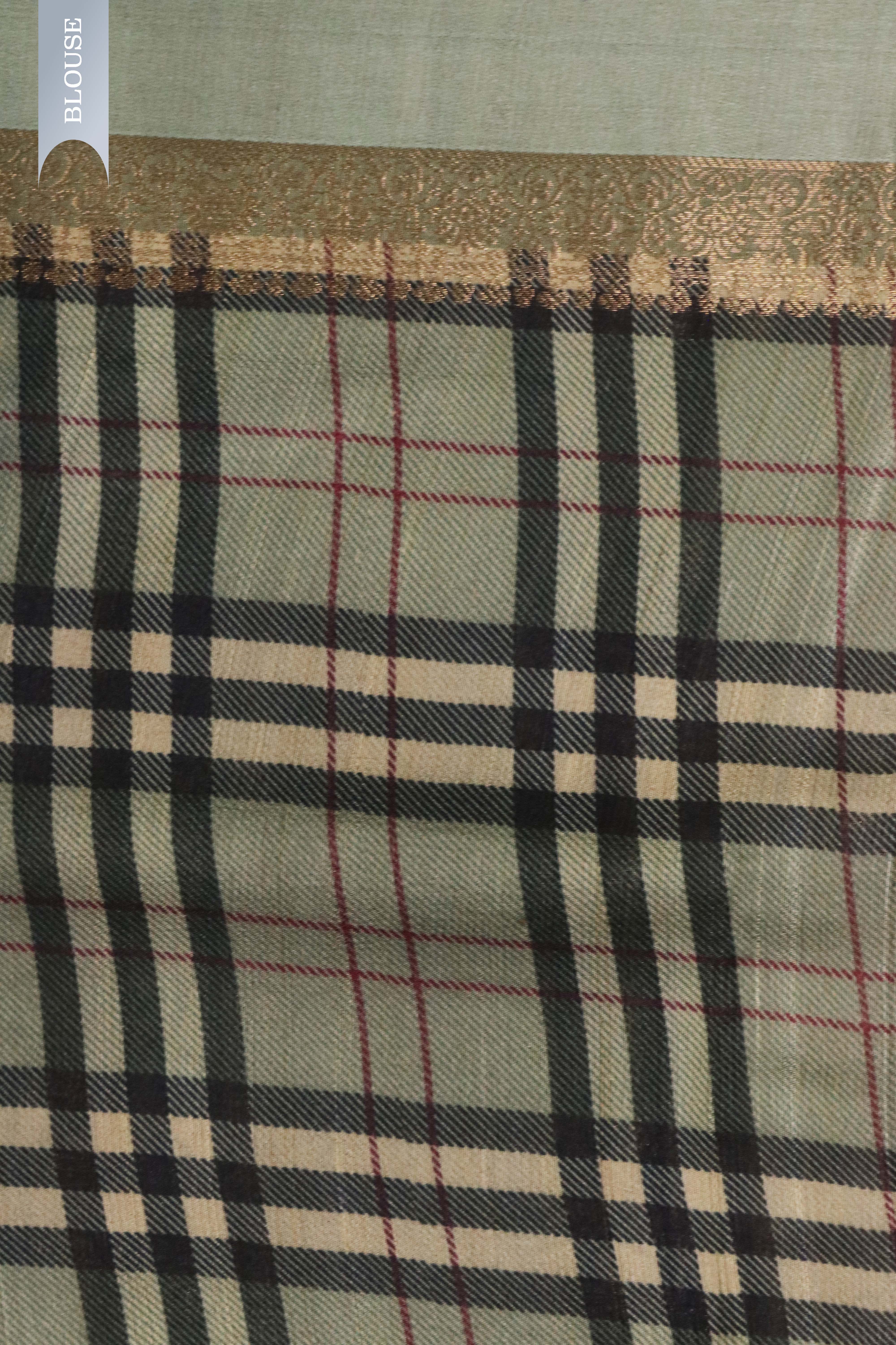 Chikku Tussar Silk Saree with Zari Motifs & Checked Border
