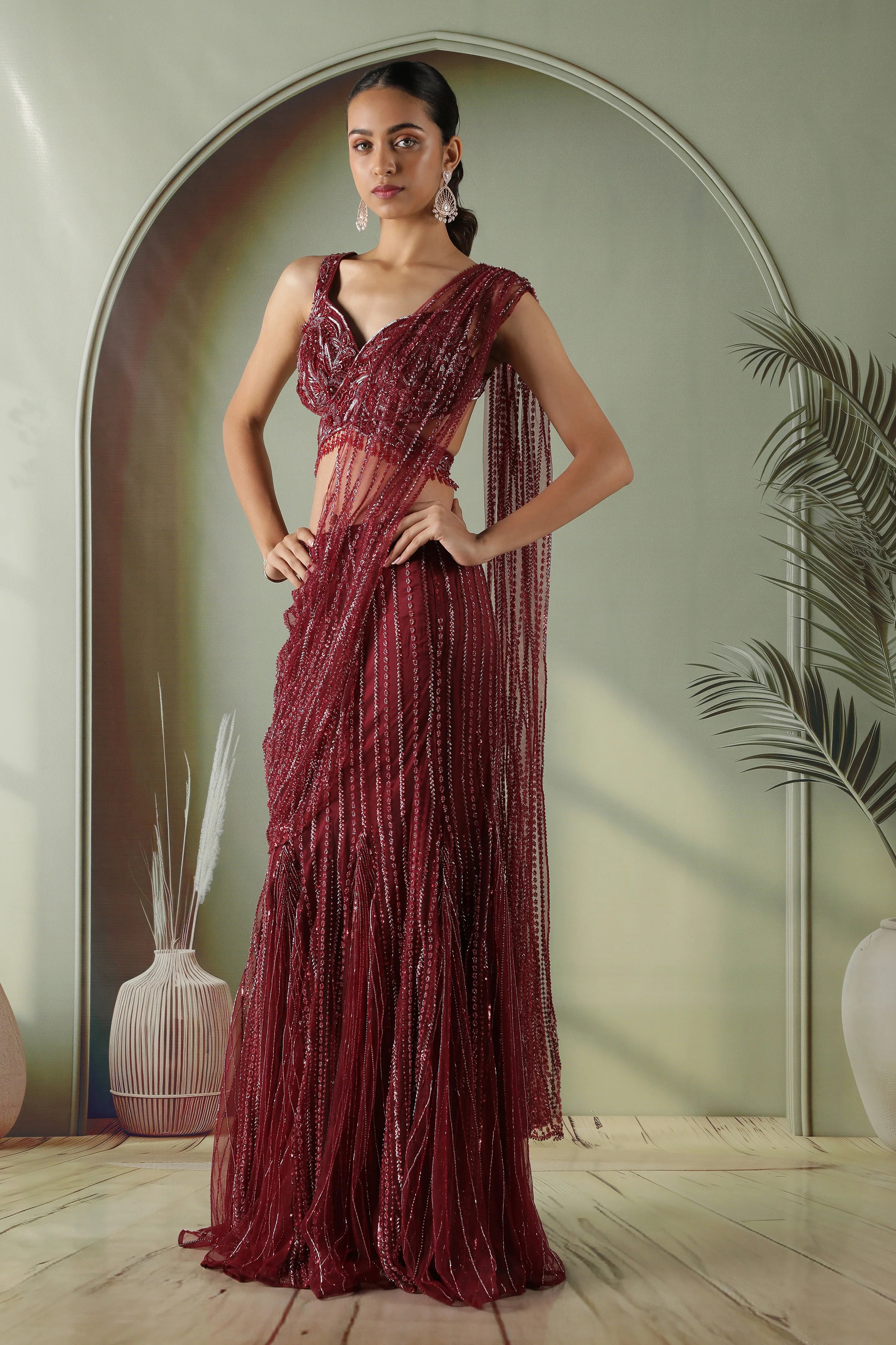 Wine Red Mermaid Cut Draped Net Skirt Set | Mokshaa
