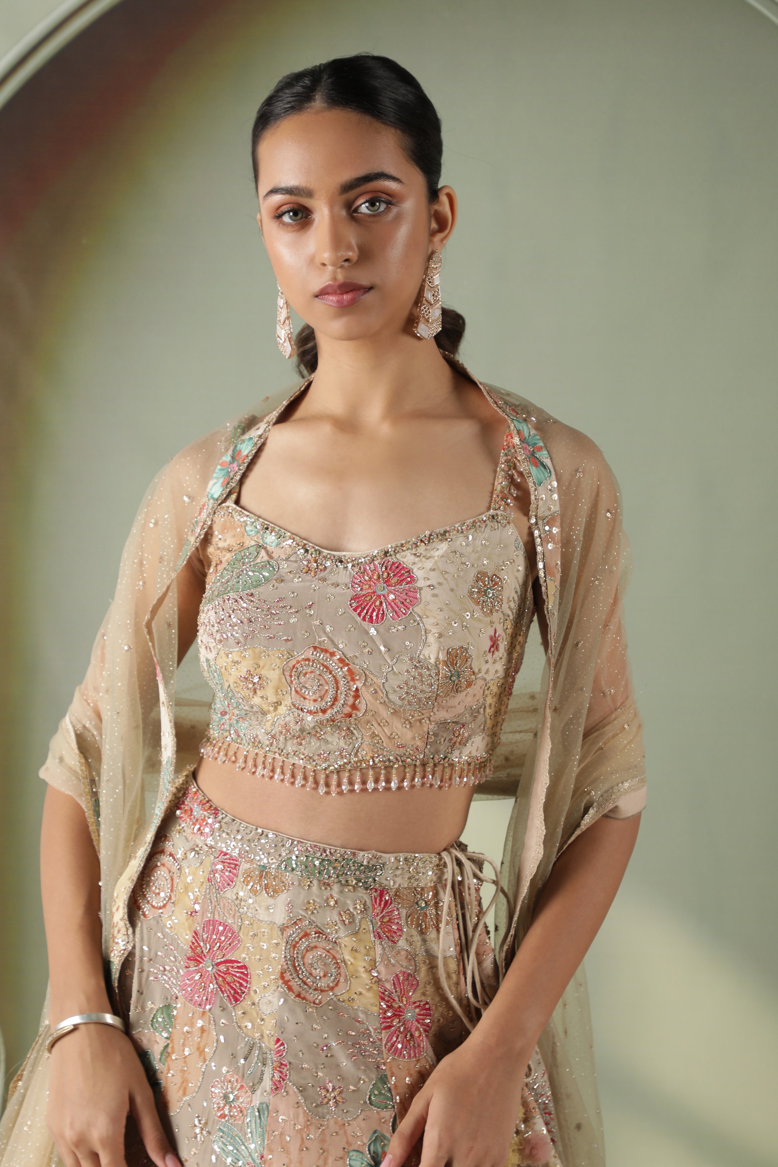 Beige Printed Silk Lehenga Set