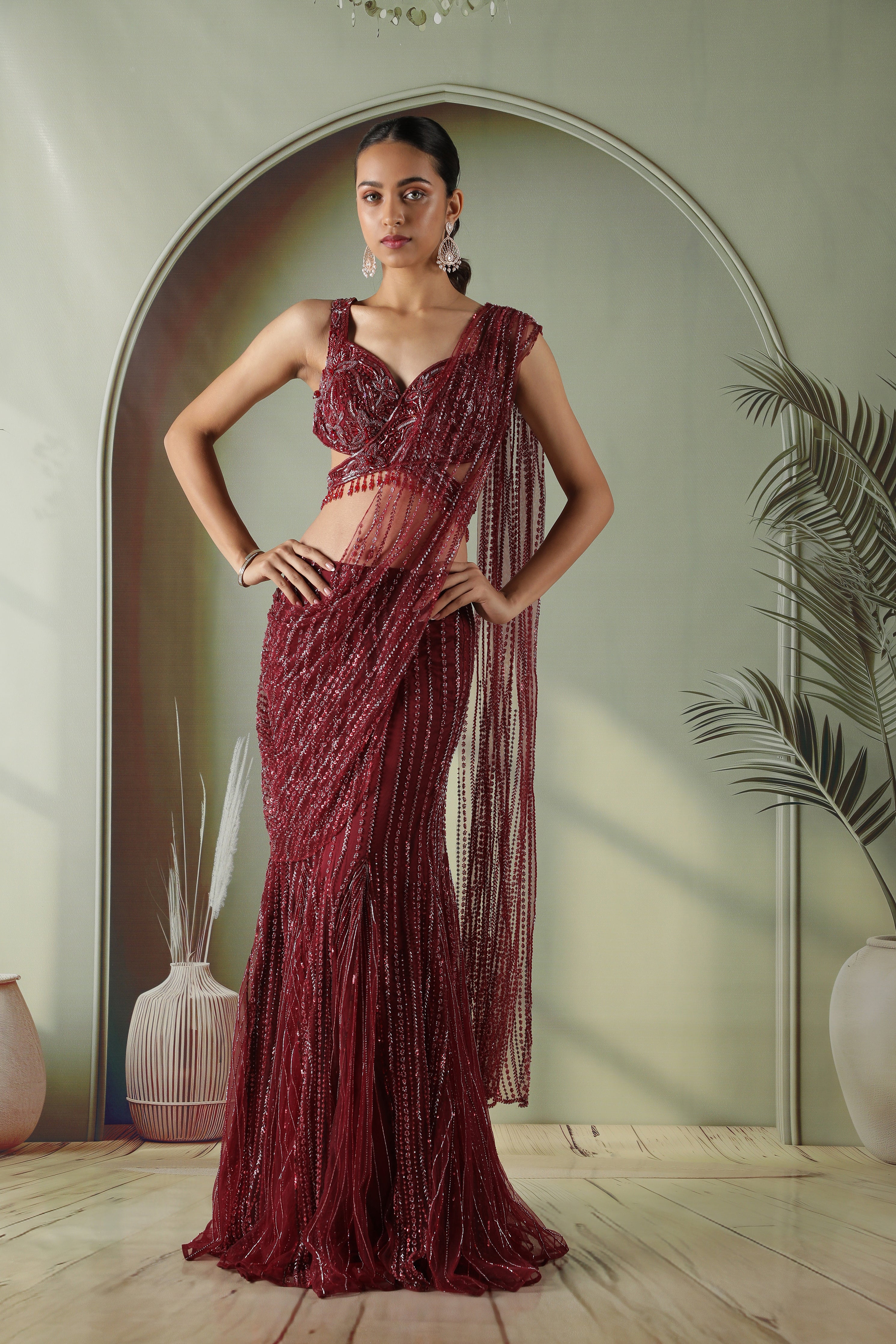 Wine Red Mermaid Cut Draped Net Skirt Set