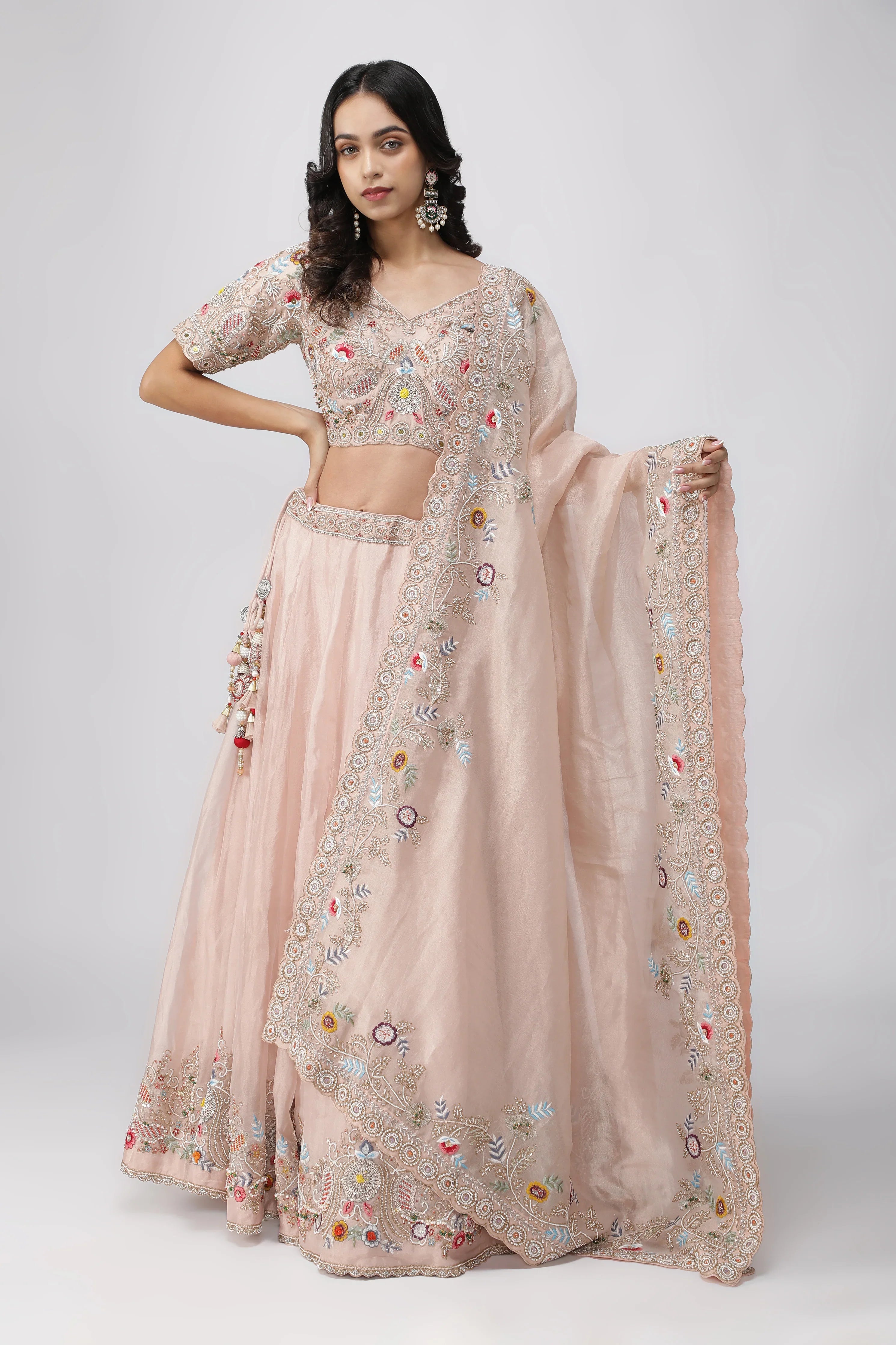 Peach Tissue Organza Lehenga Set | Mokshaa