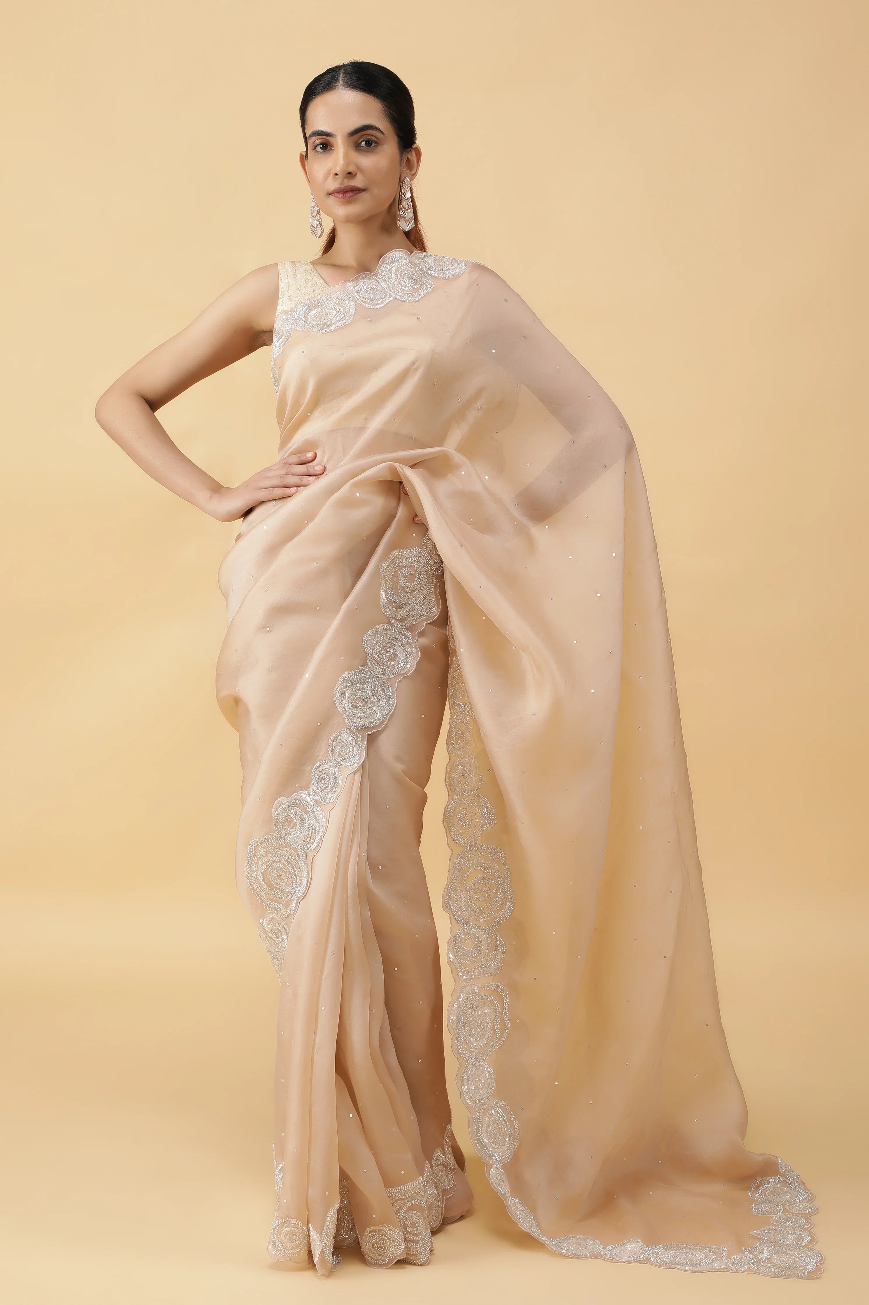 Ivory Silk Organza Saree with Sequins & Bead Border | Mokshaa