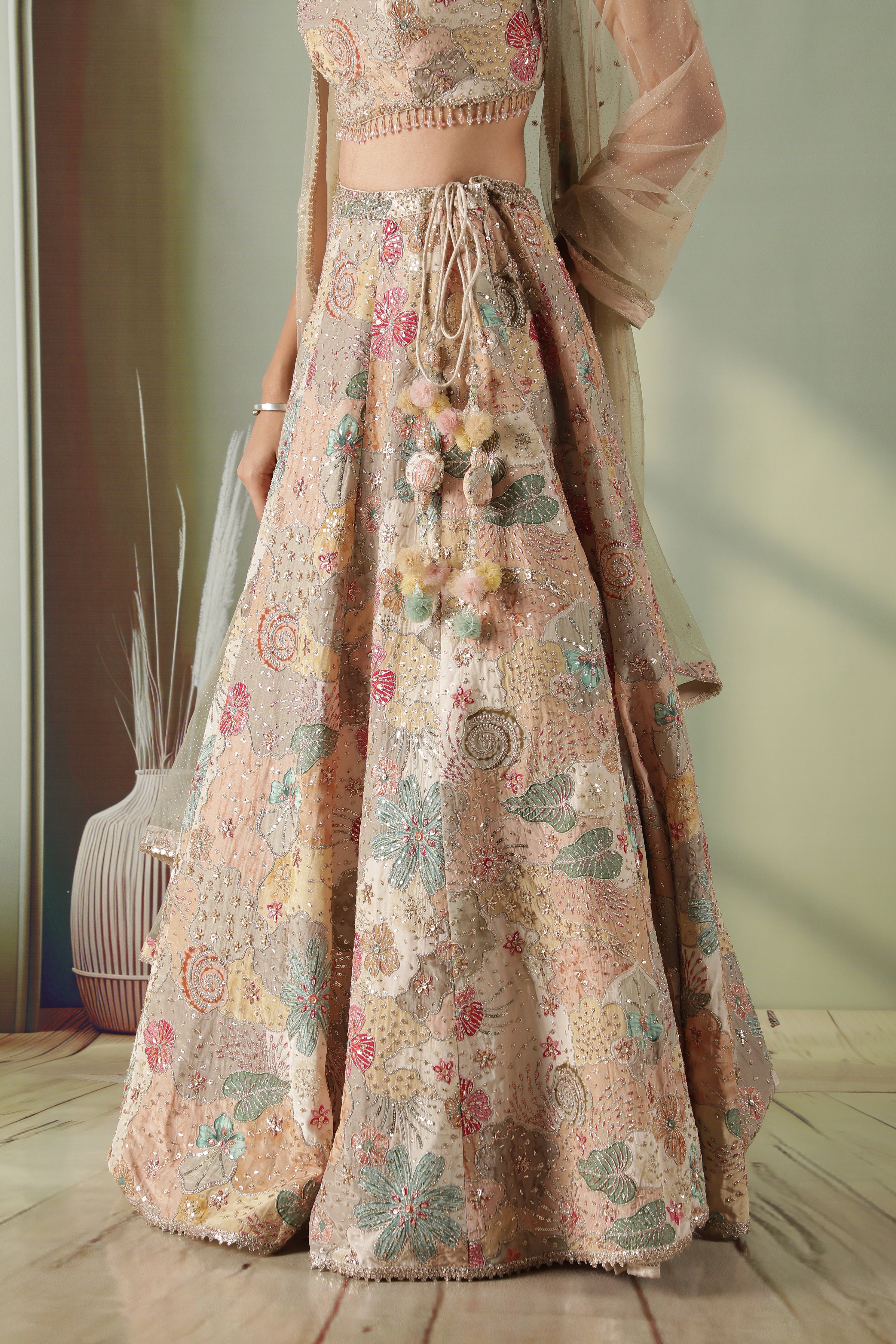 Beige Printed Silk Lehenga Set