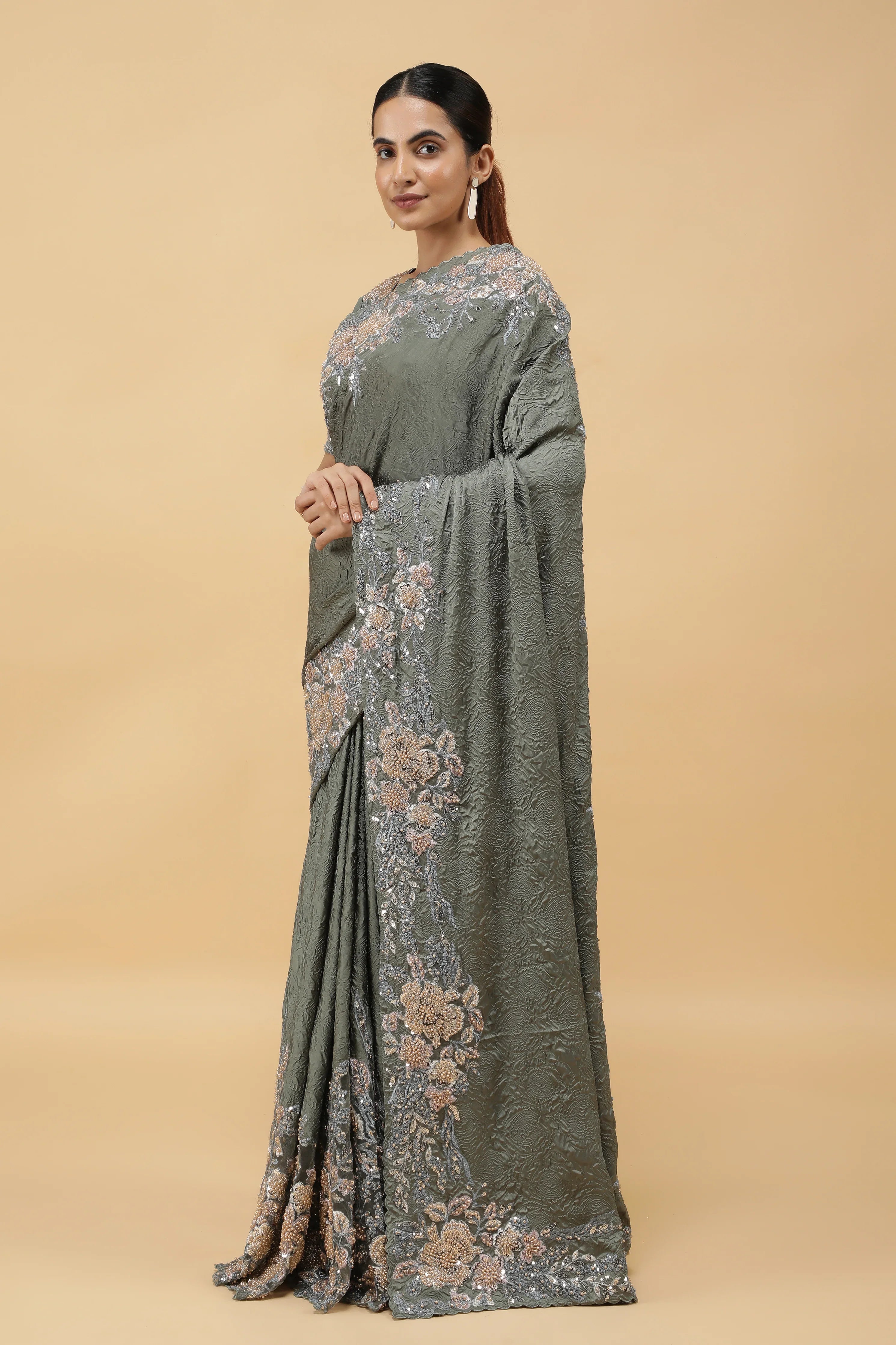 Olive Green Crepe Silk Saree with Sequin Beads Border - Mokshaa