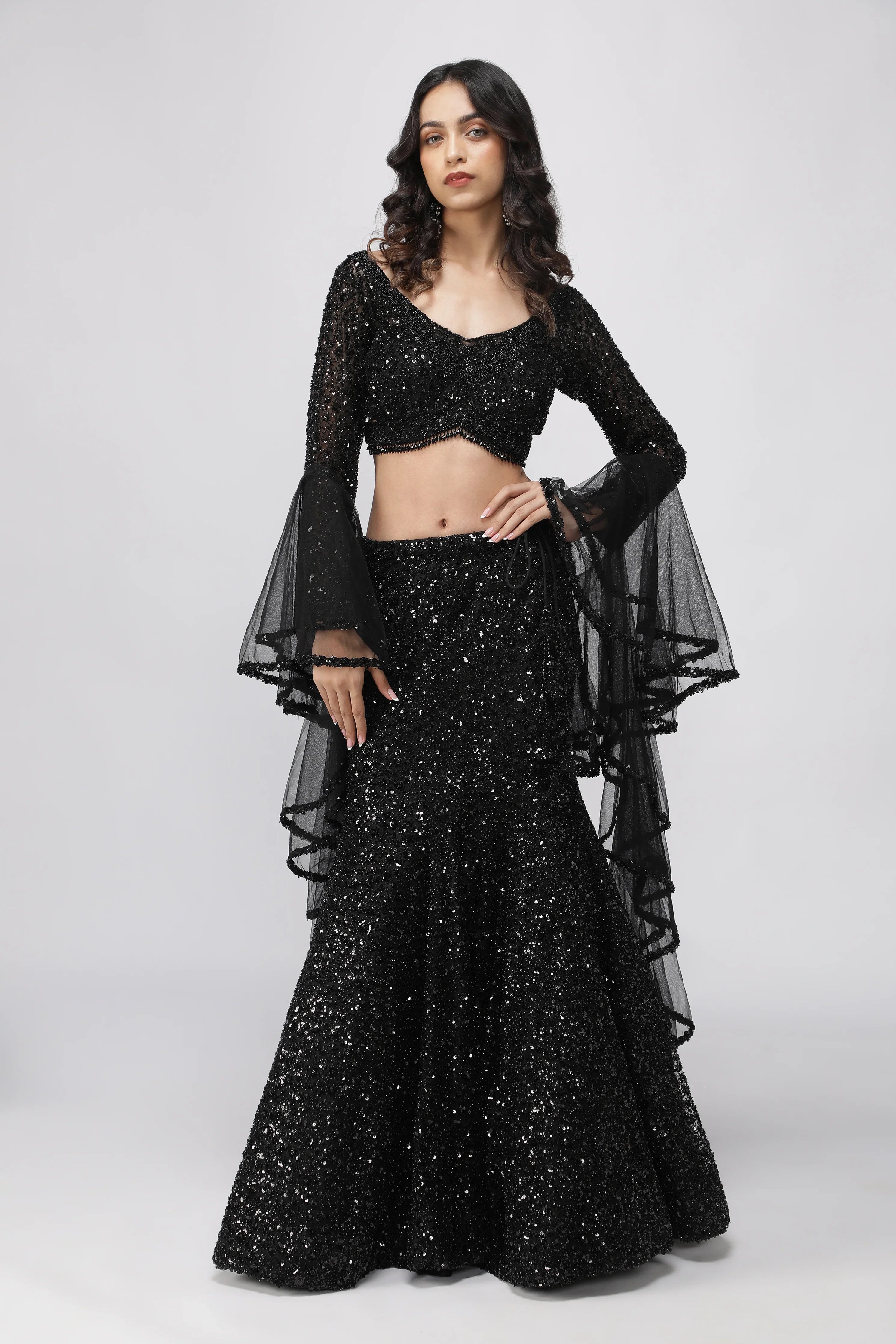 Black Net Sequin Embroidered Lehenga Set with Cape | Mokshaa