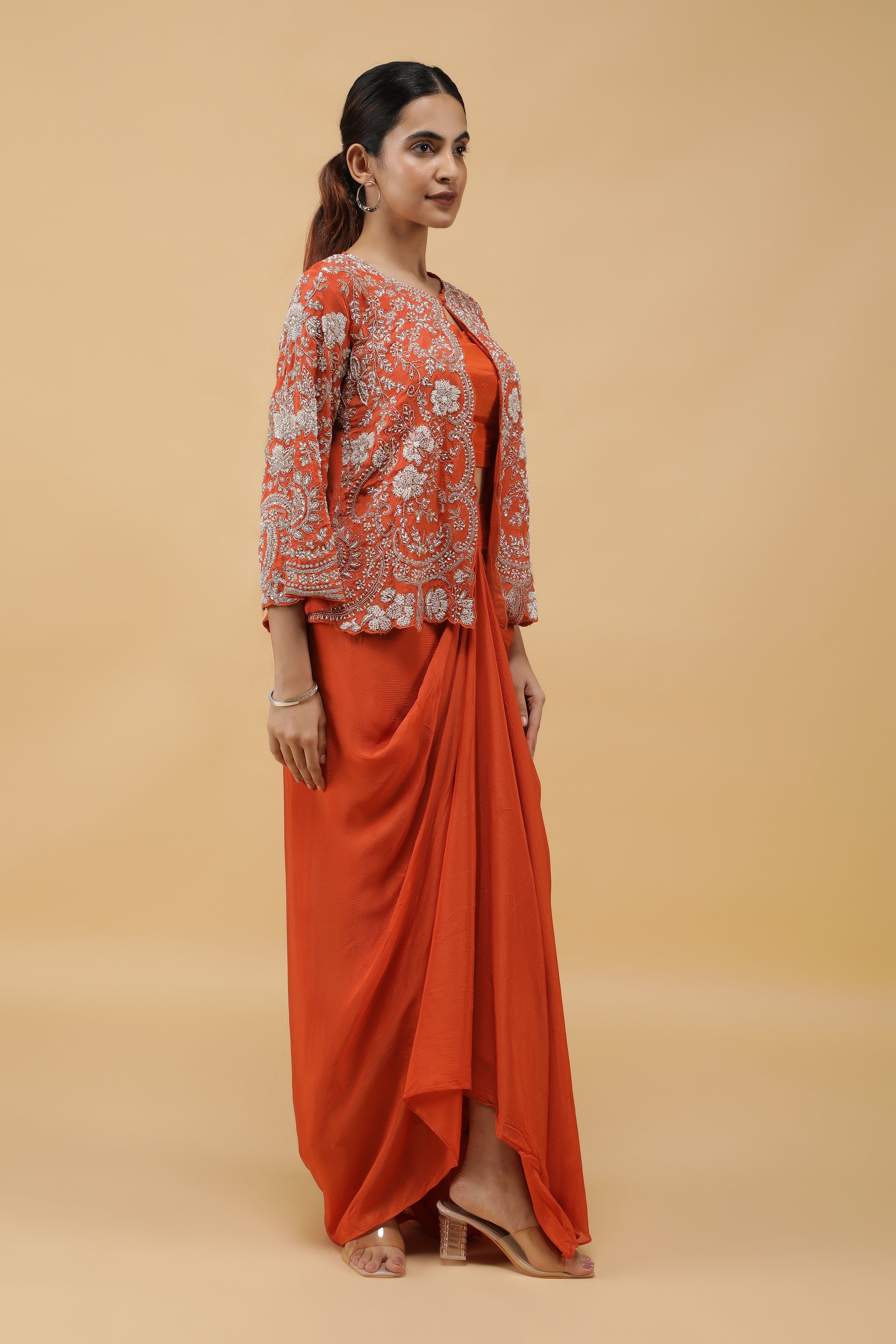 Saffron Luxe Kutdana Embroidered Crop Top, Draped Skirt & Jacket Set