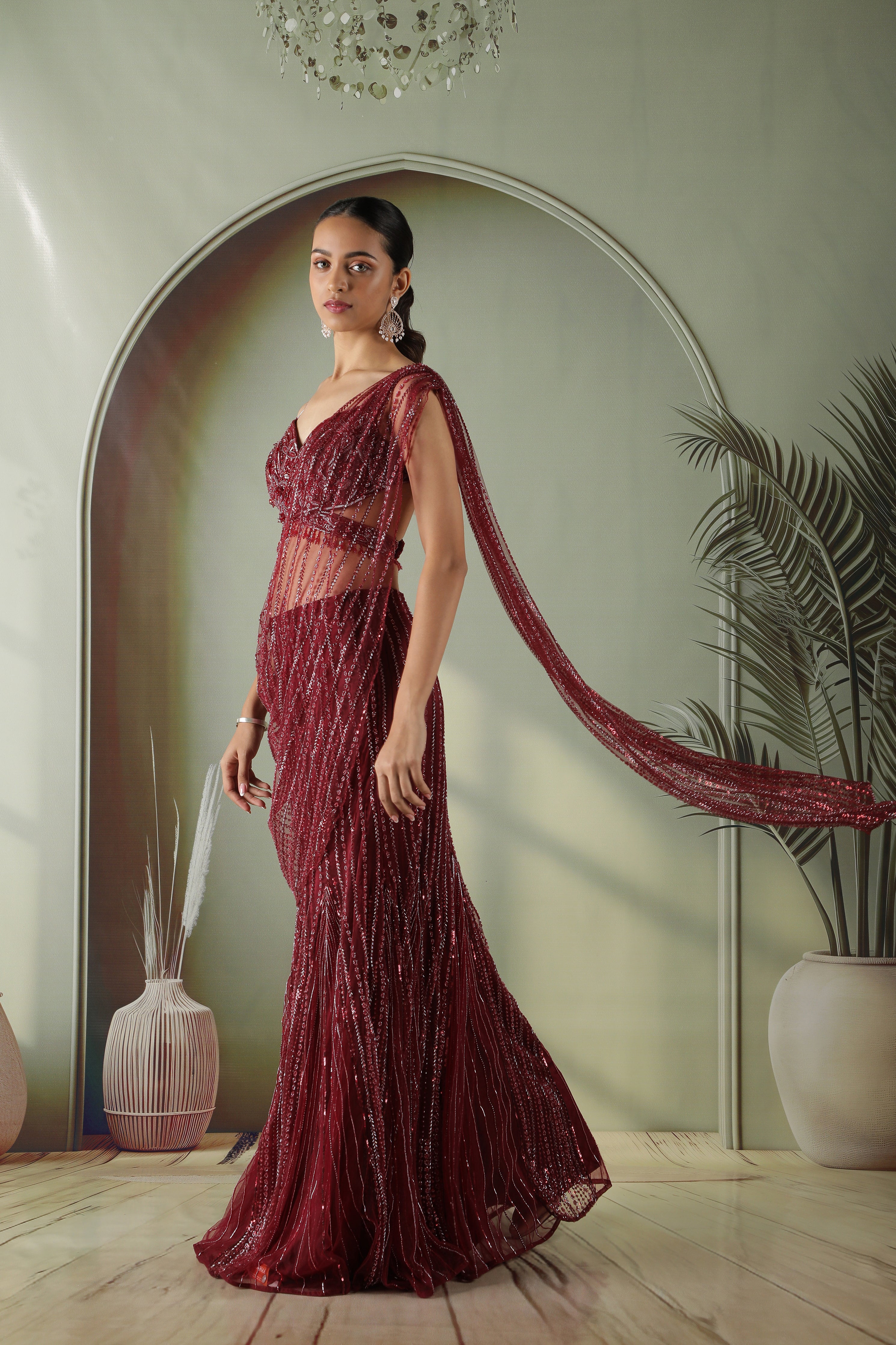 Wine Red Mermaid Cut Draped Net Skirt Set