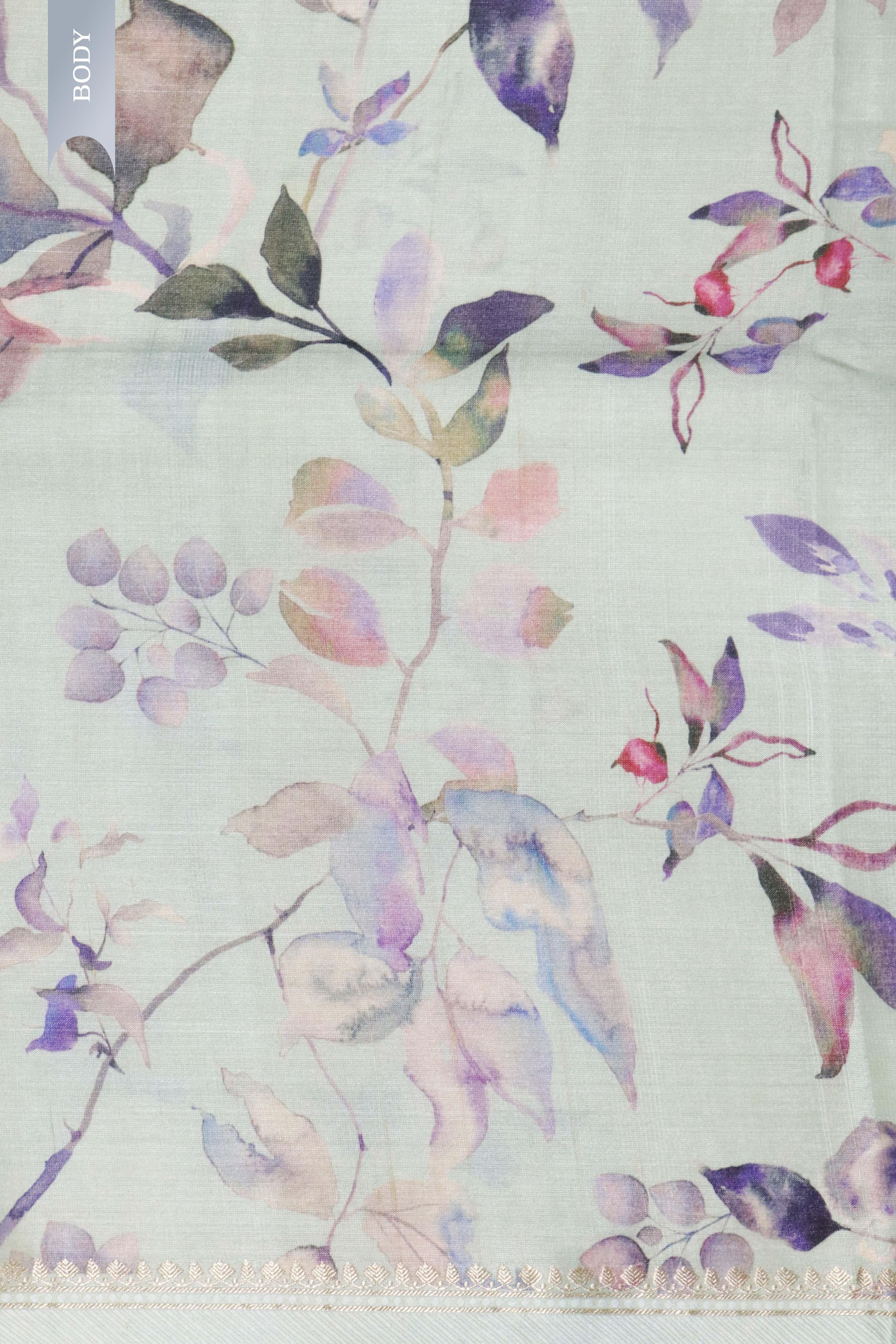 Sky Blue Tussar Silk Saree with All-Over Floral Print and Woven Border - Mokshaa