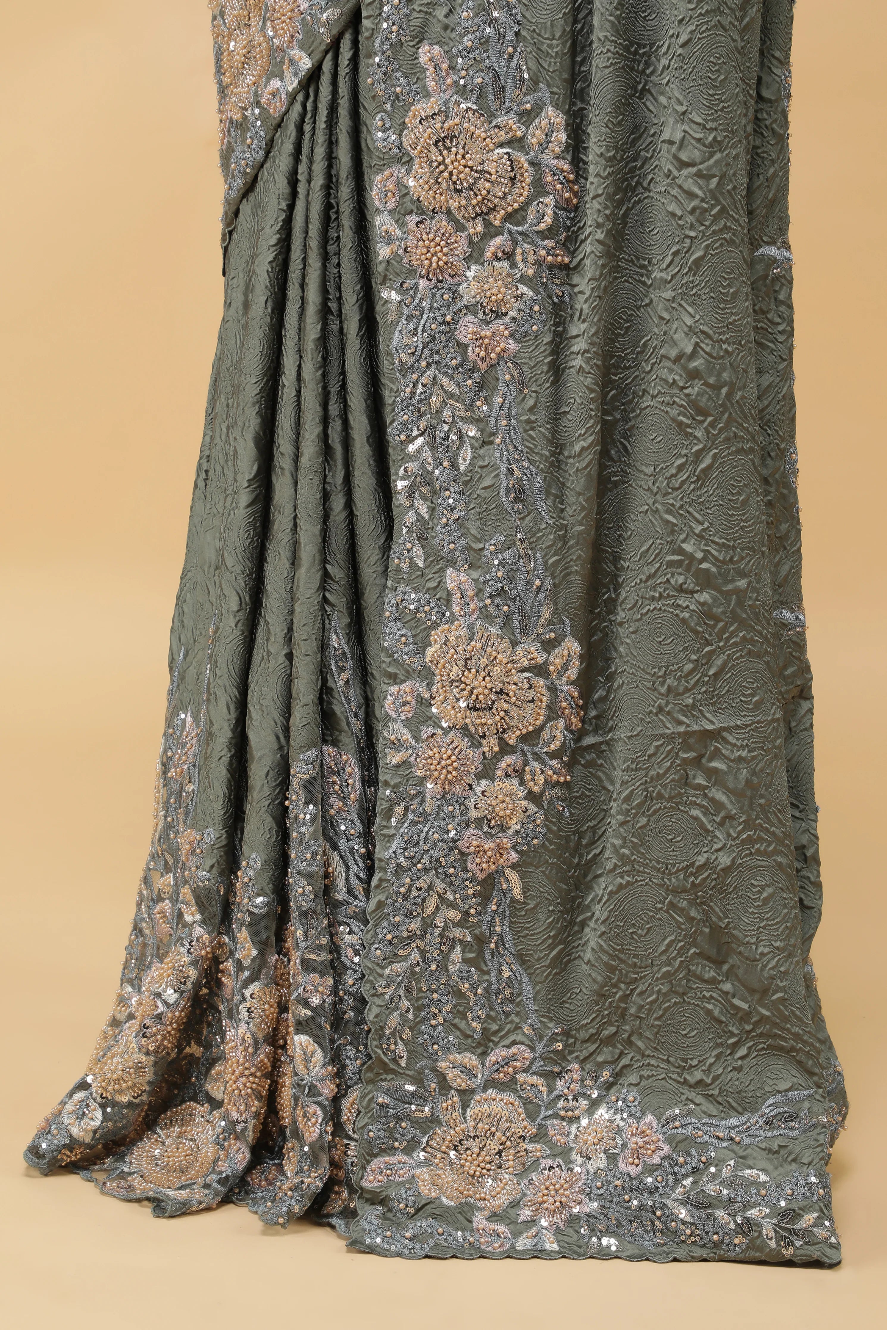 Olive Green Crepe Silk Saree with Sequin Beads Border - Mokshaa