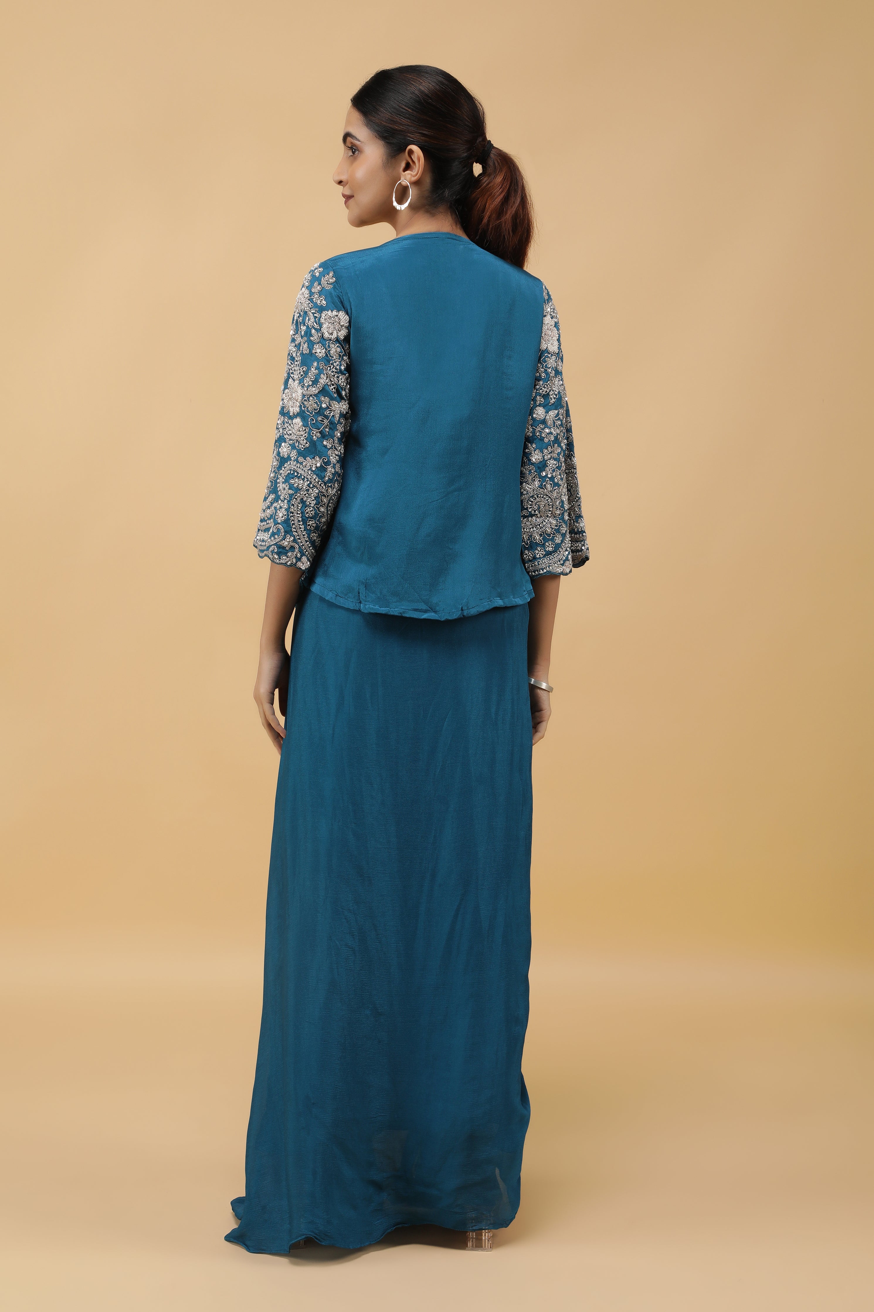 Royal Azure Kutdana Embroidered Crop Top, Draped Skirt & Jacket Set
