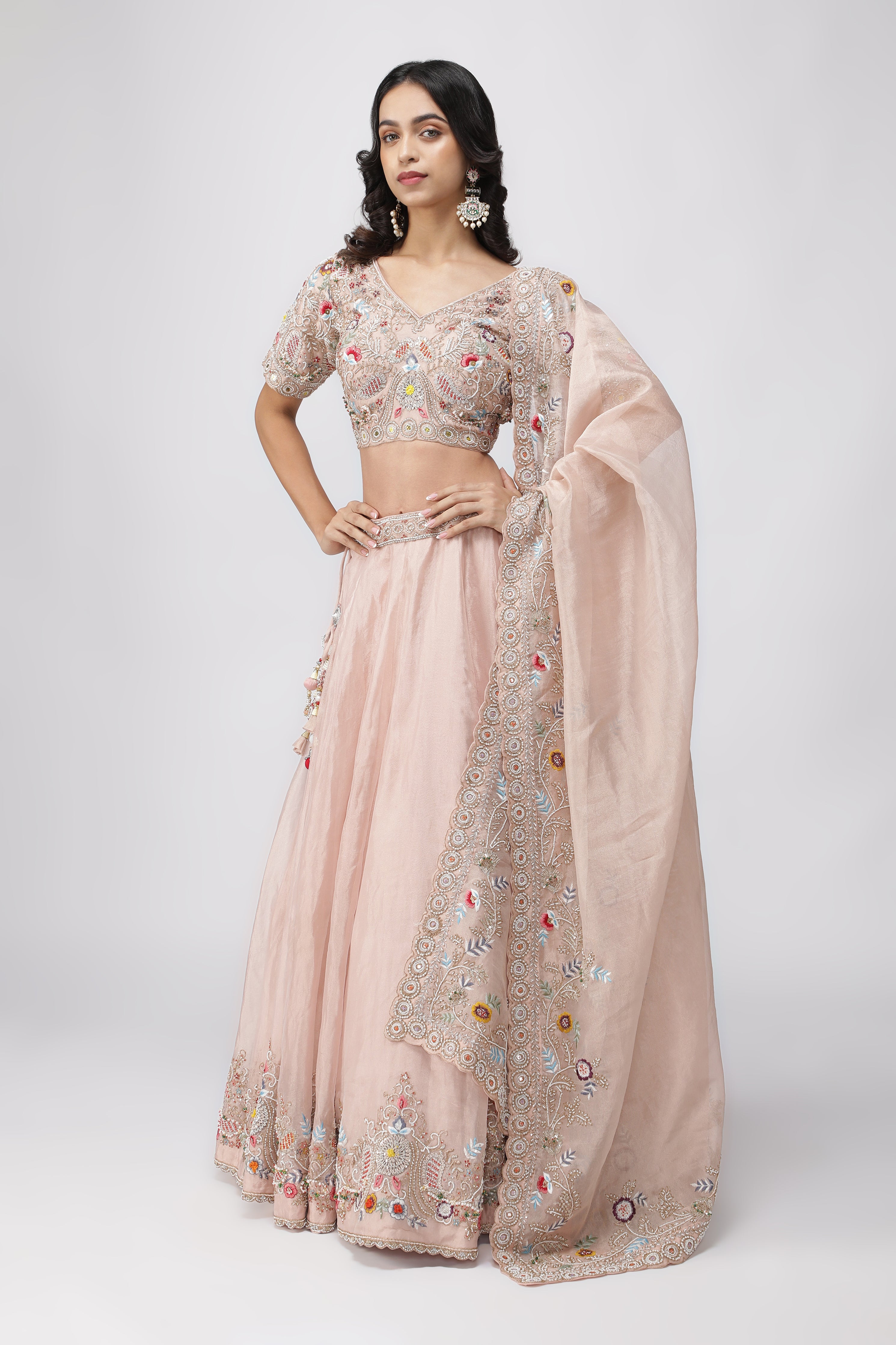 Peach Tissue Organza Lehenga Set