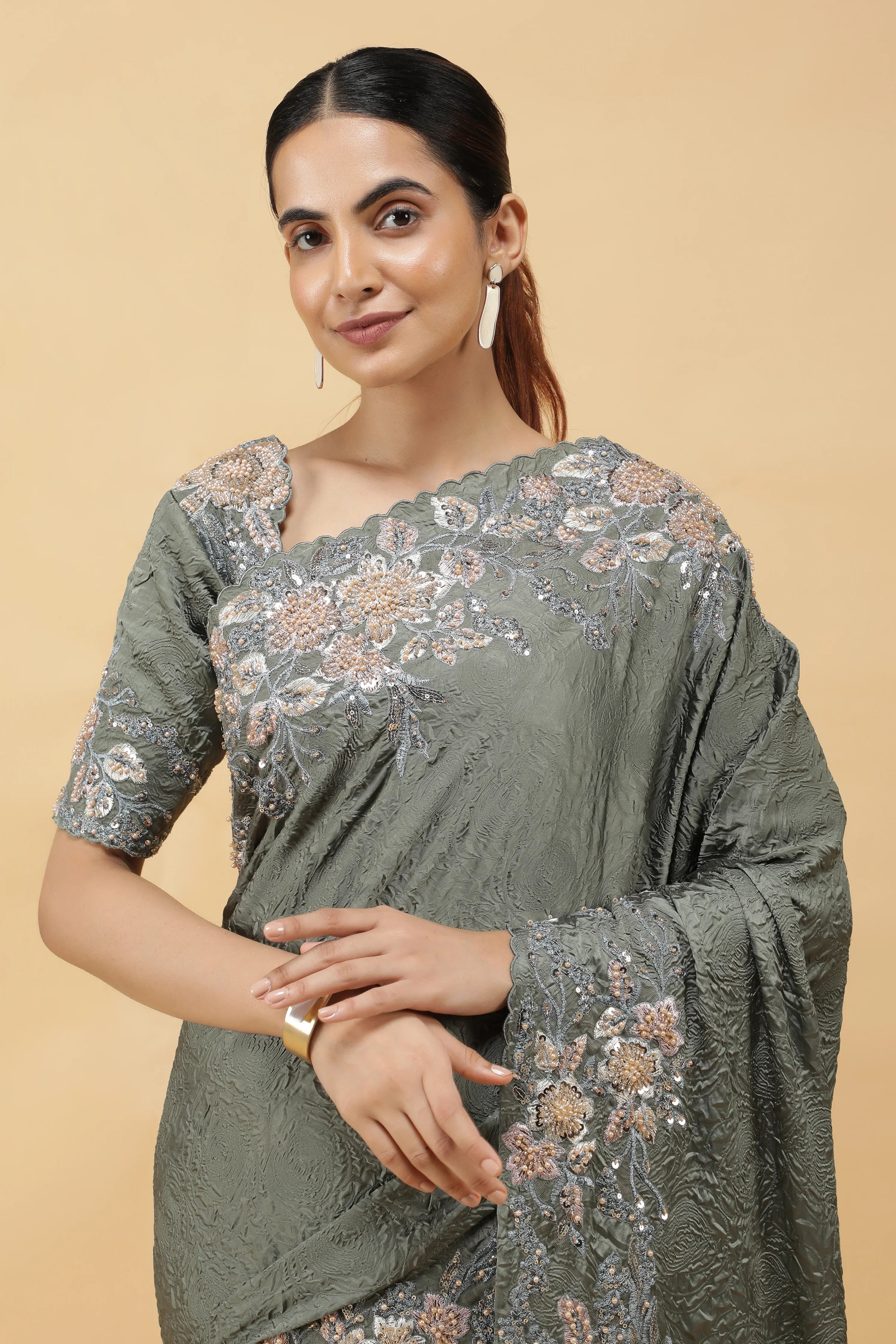 Olive Green Crepe Silk Saree with Sequin Beads Border - Mokshaa