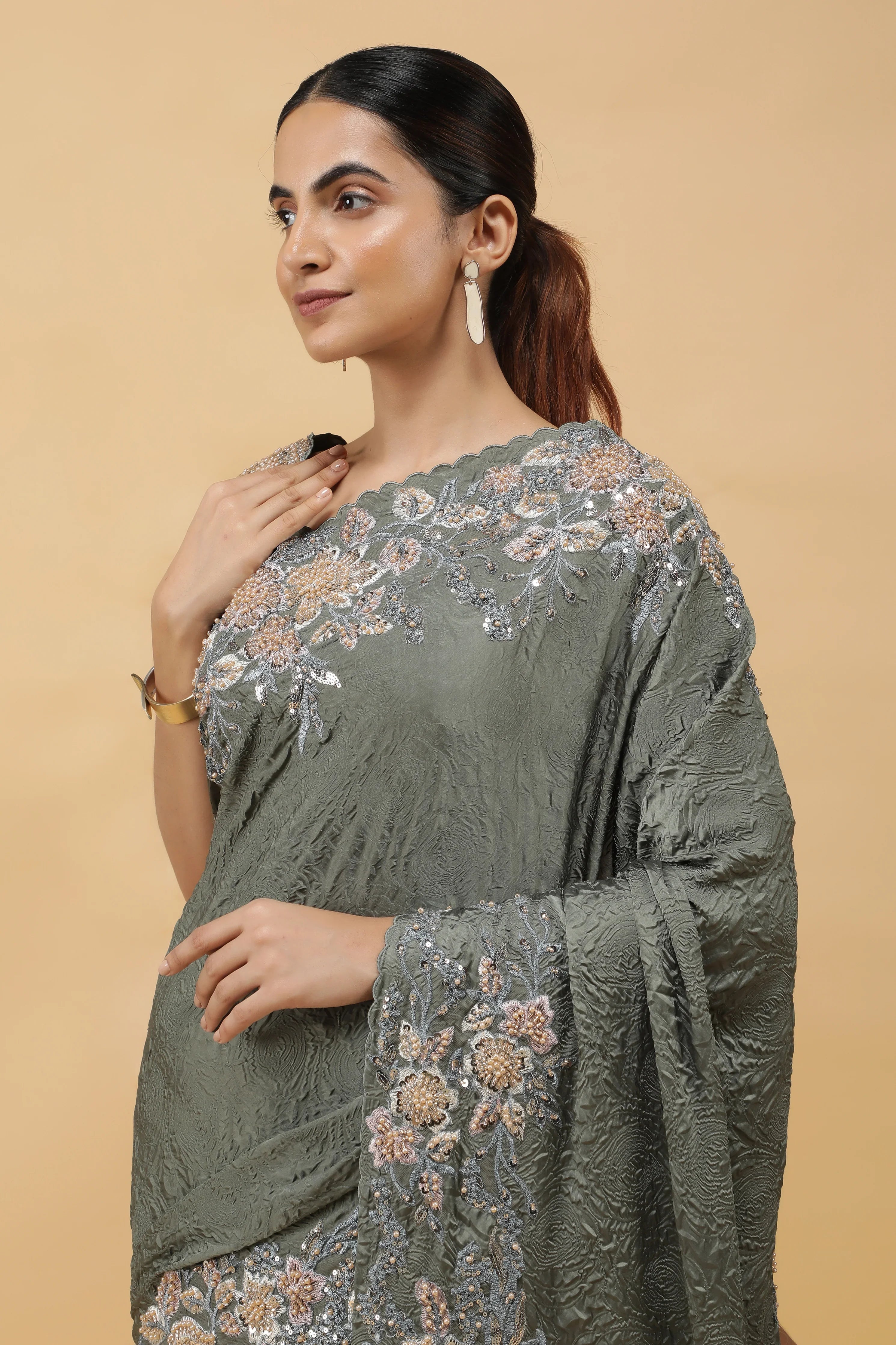 Olive Green Crepe Silk Saree with Sequin Beads Border - Mokshaa