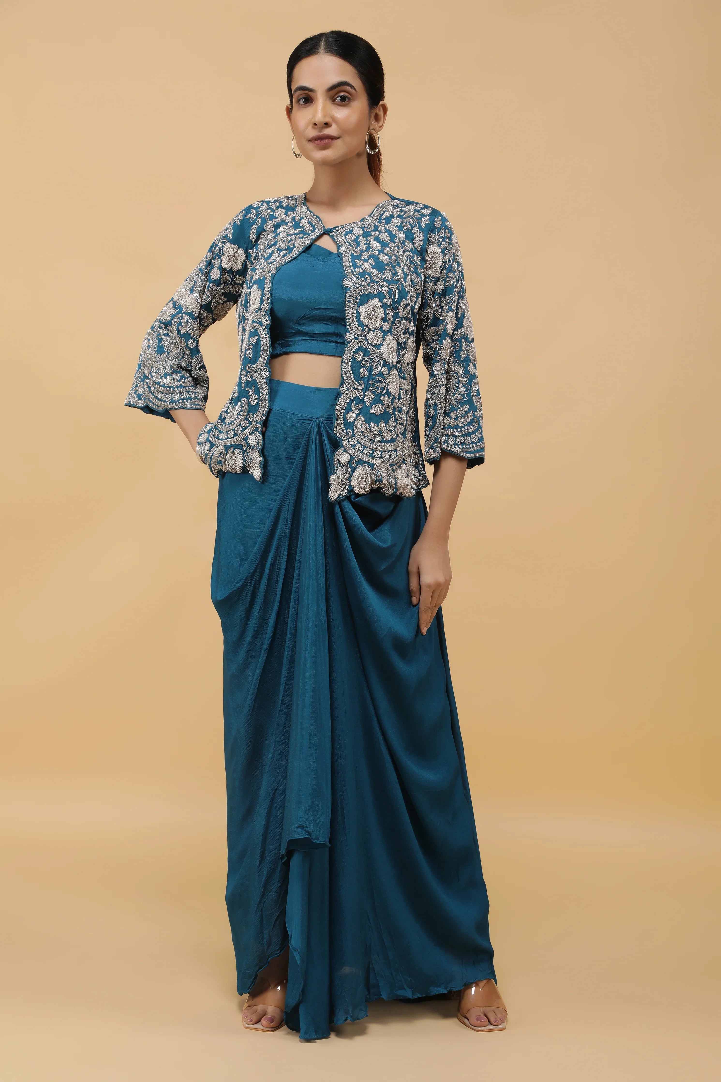 Royal Azure Kutdana Embroidered Crop Top, Draped Skirt & Jacket Set | Mokshaa