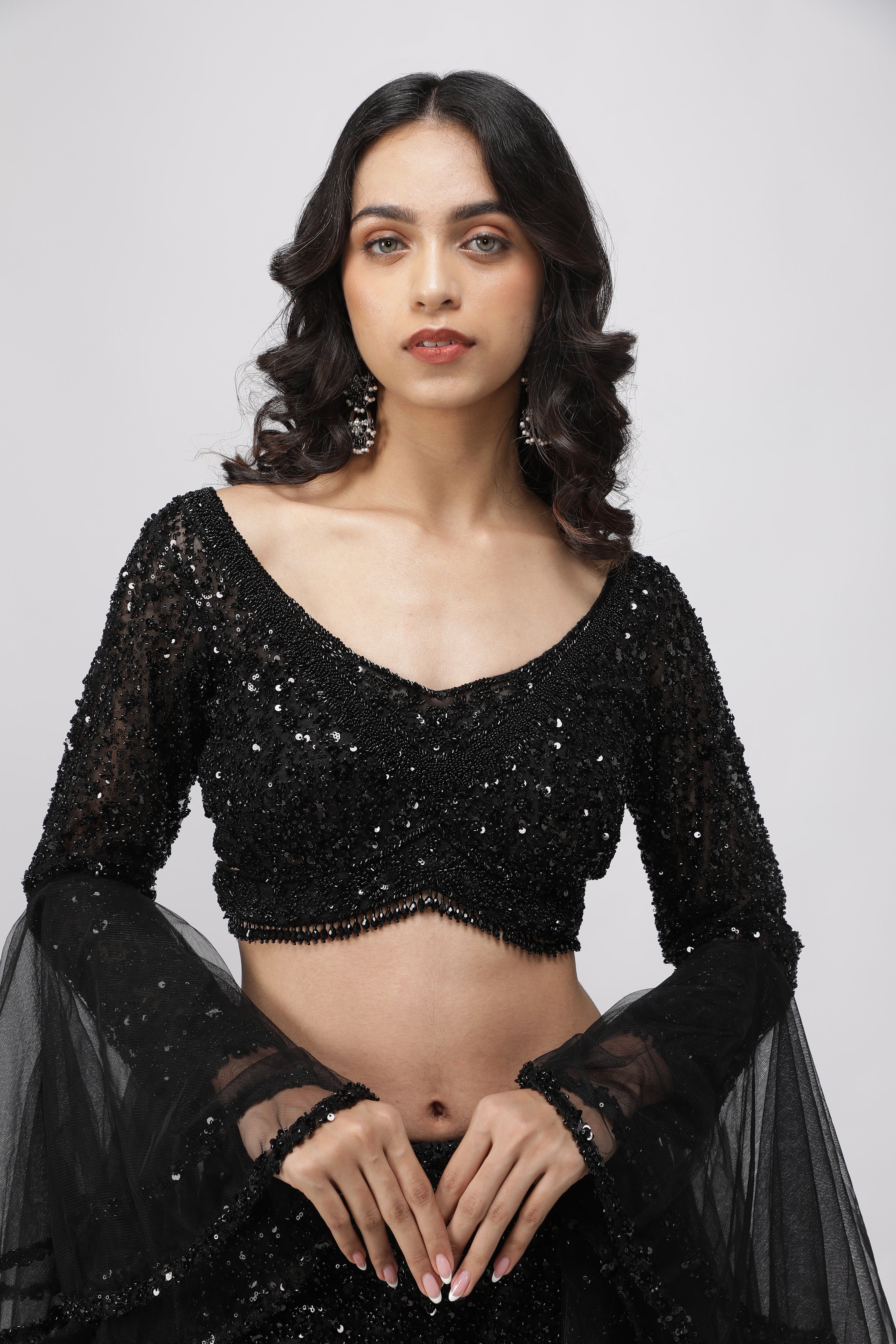 Black Net Sequin Embroidered Lehenga Set with Cape