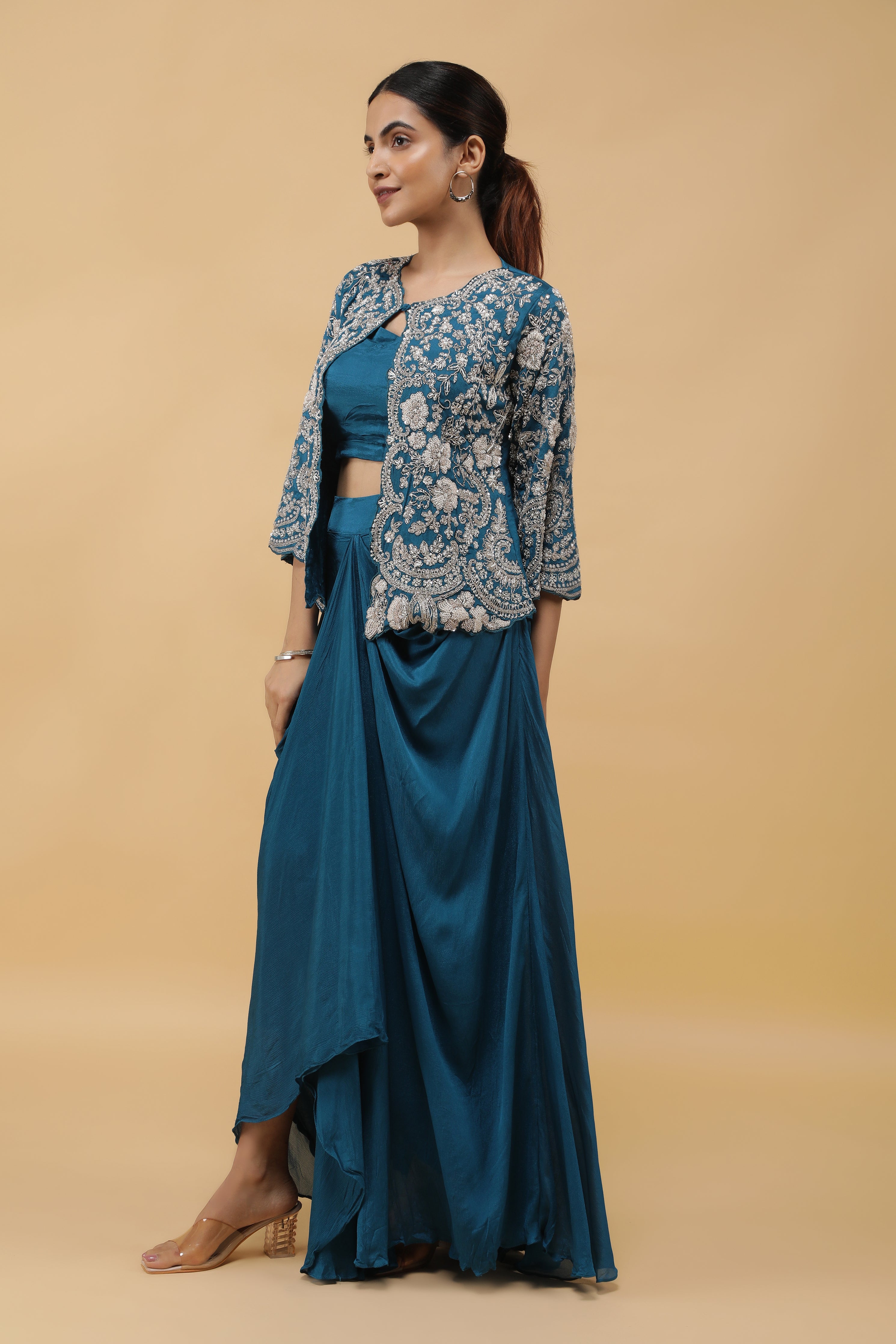 Royal Azure Kutdana Embroidered Crop Top, Draped Skirt & Jacket Set