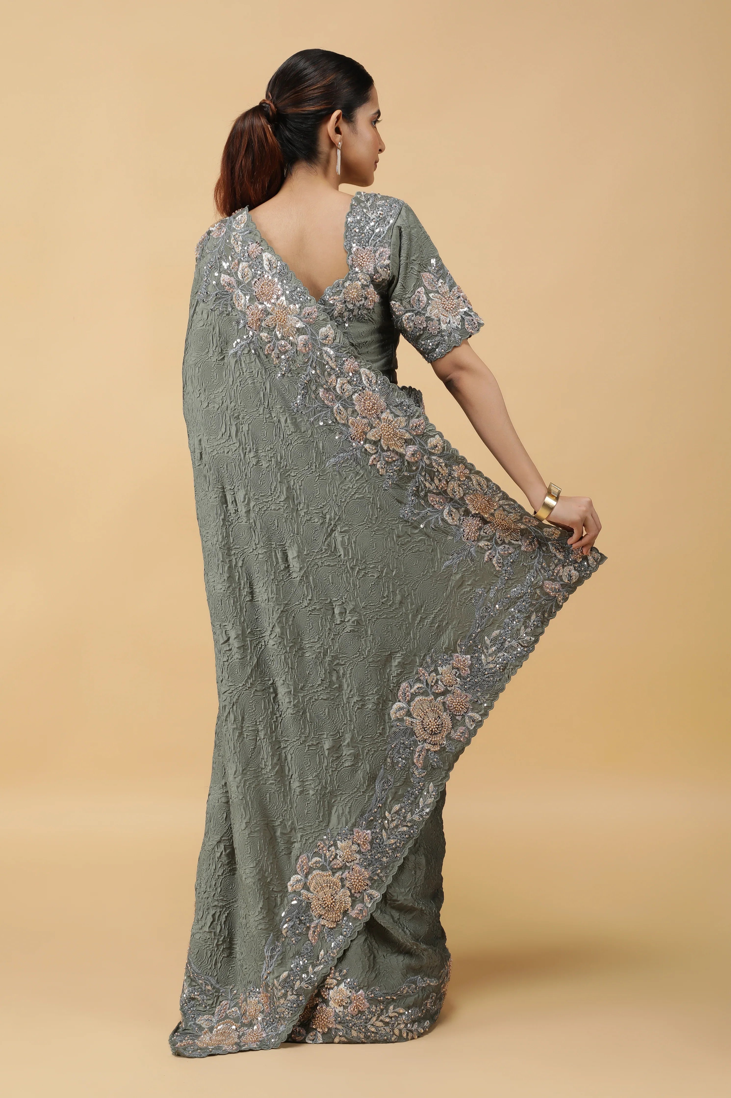 Olive Green Crepe Silk Saree with Sequin Beads Border - Mokshaa