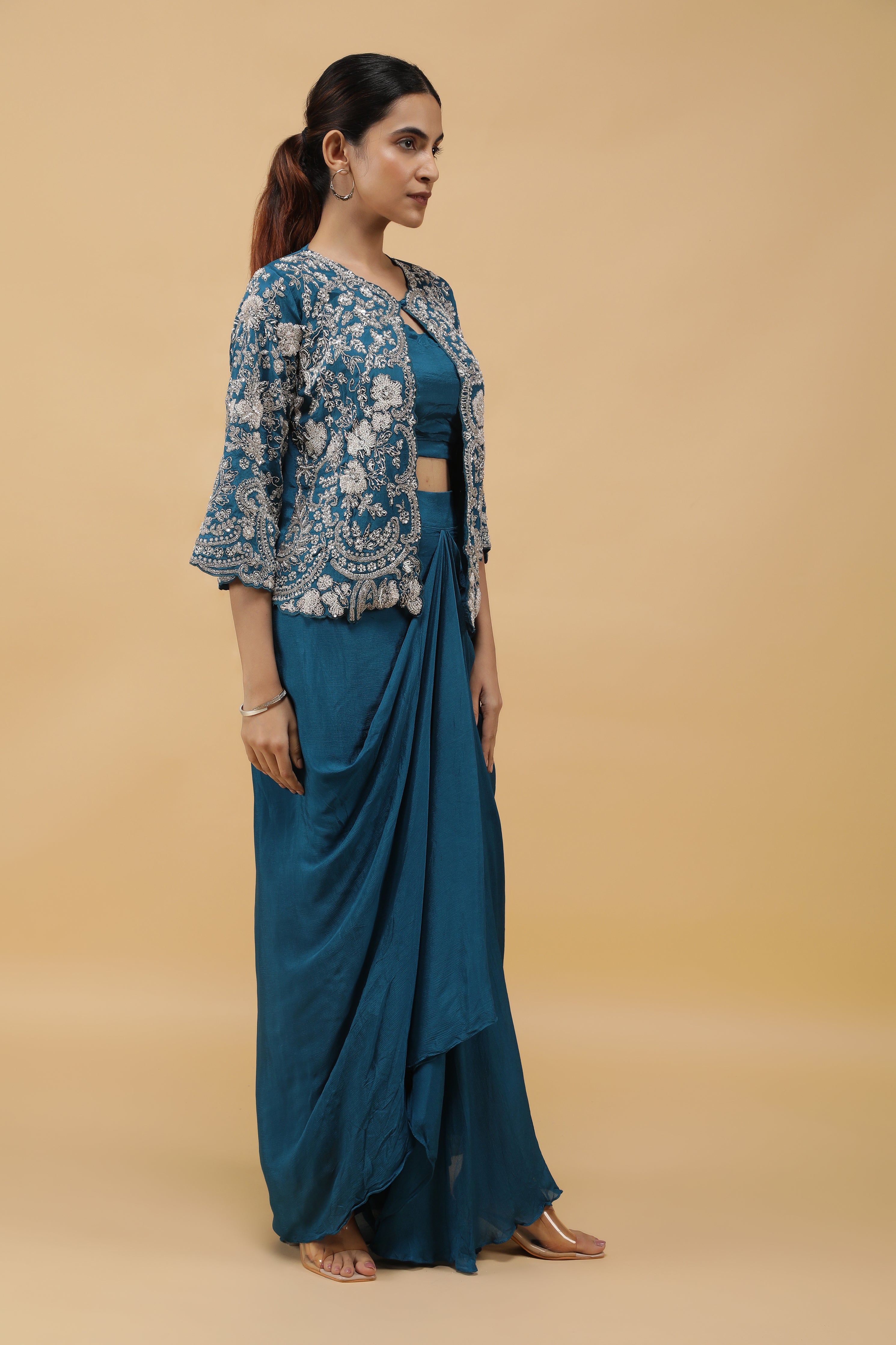 Royal Azure Kutdana Embroidered Crop Top, Draped Skirt & Jacket Set