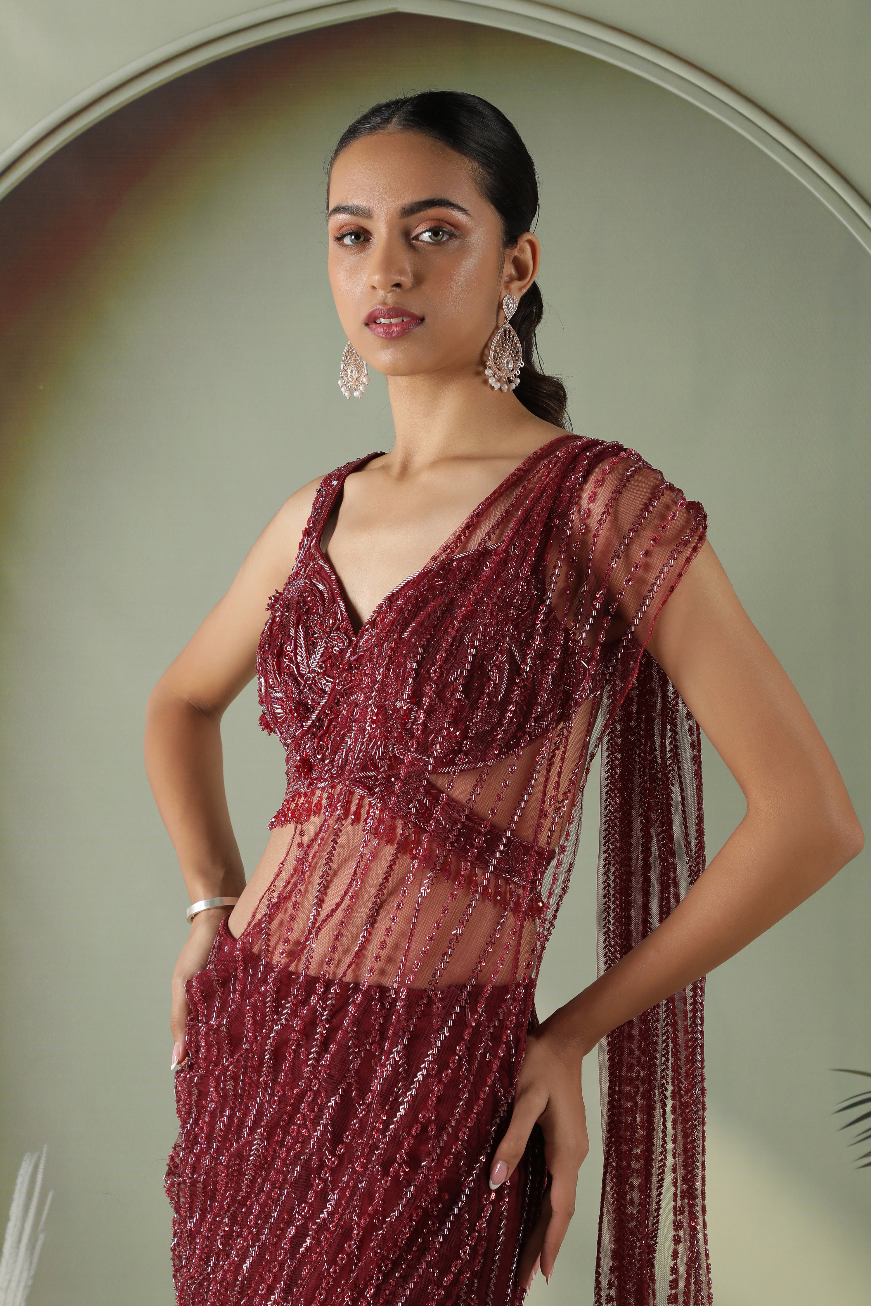 Wine Red Mermaid Cut Draped Net Skirt Set