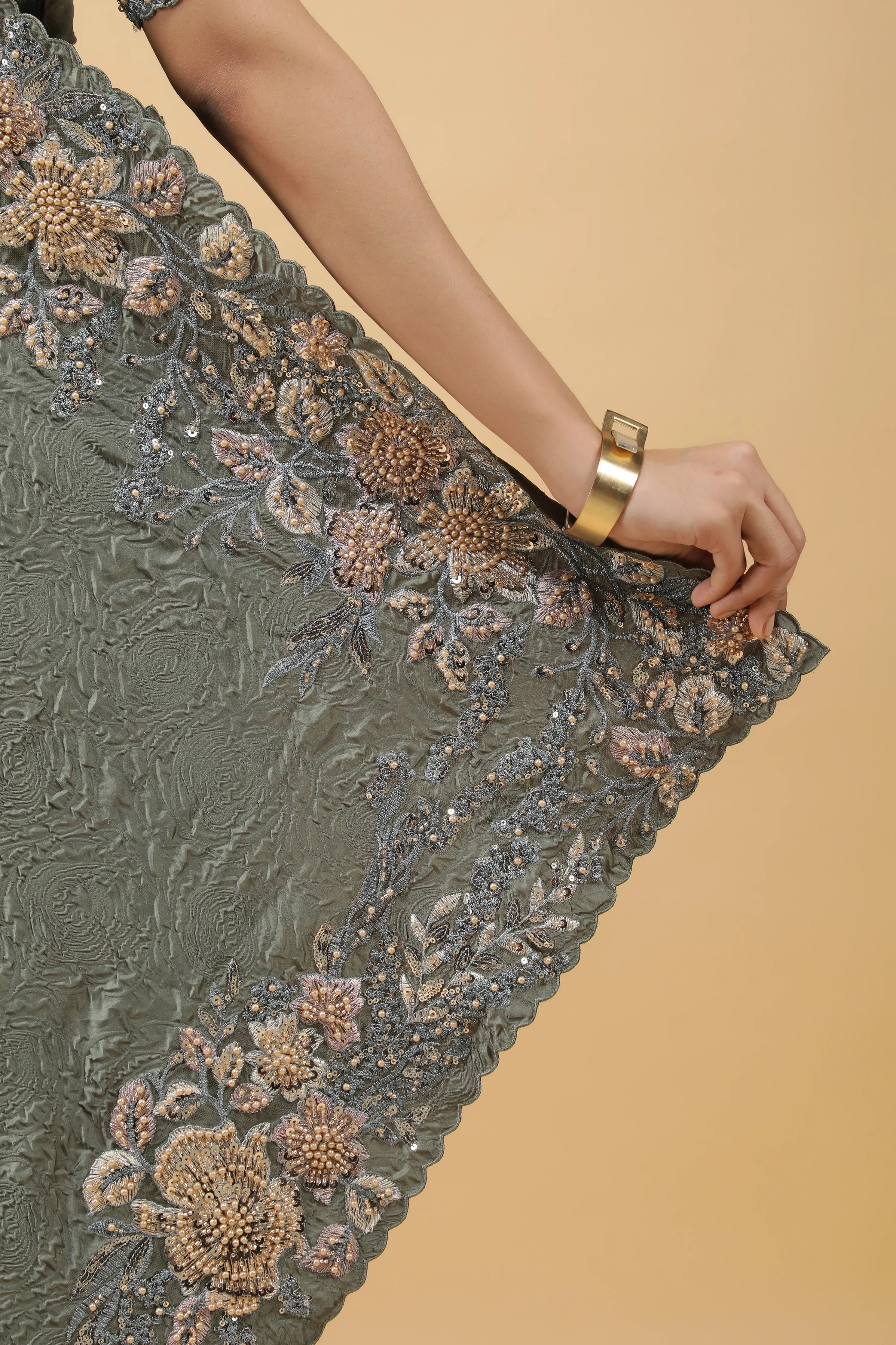 Olive Green Crepe Silk Saree with Sequin Beads Border - Mokshaa