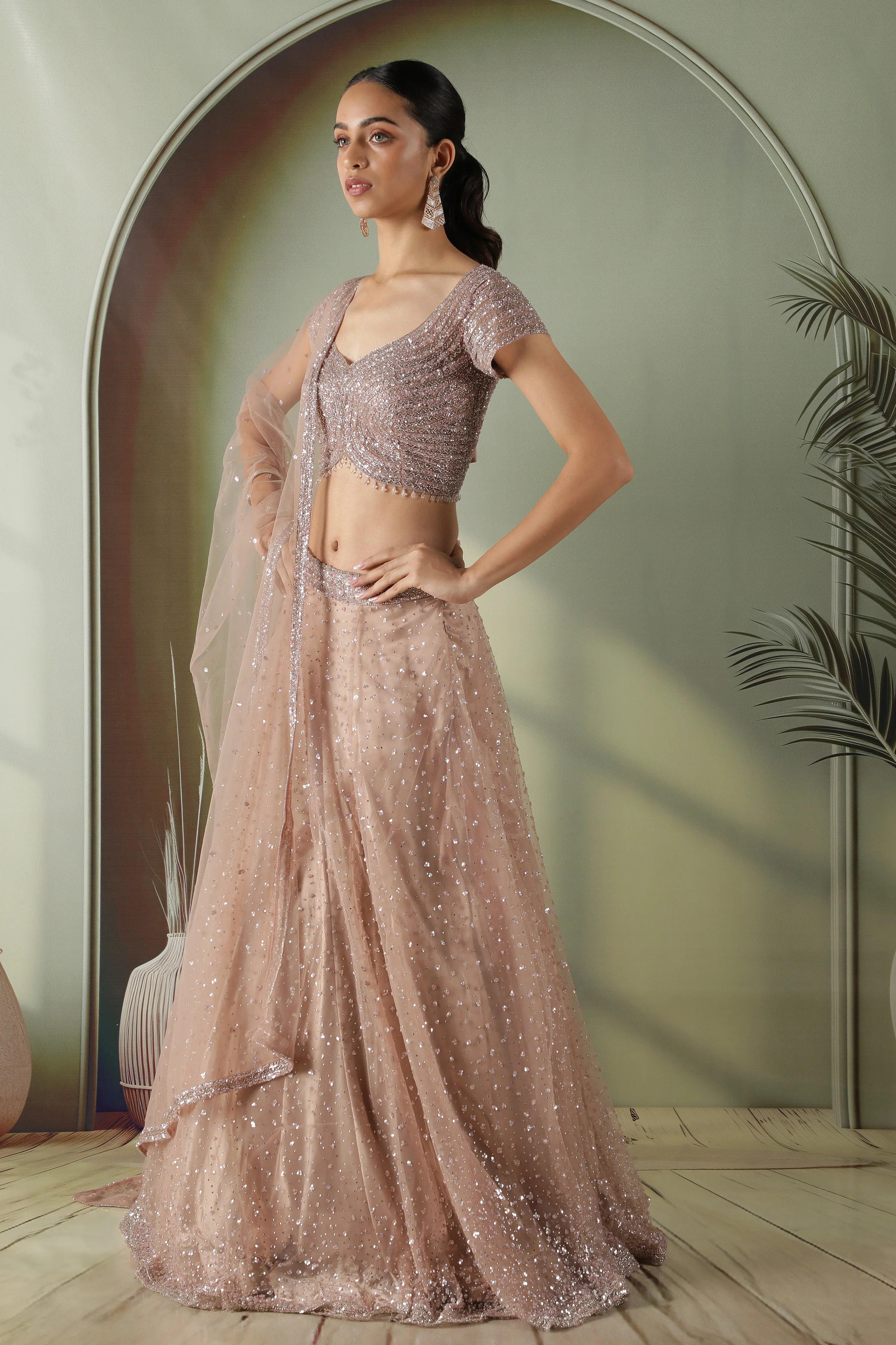 Dusty Mauve Net Lehenga Set | Mokshaa