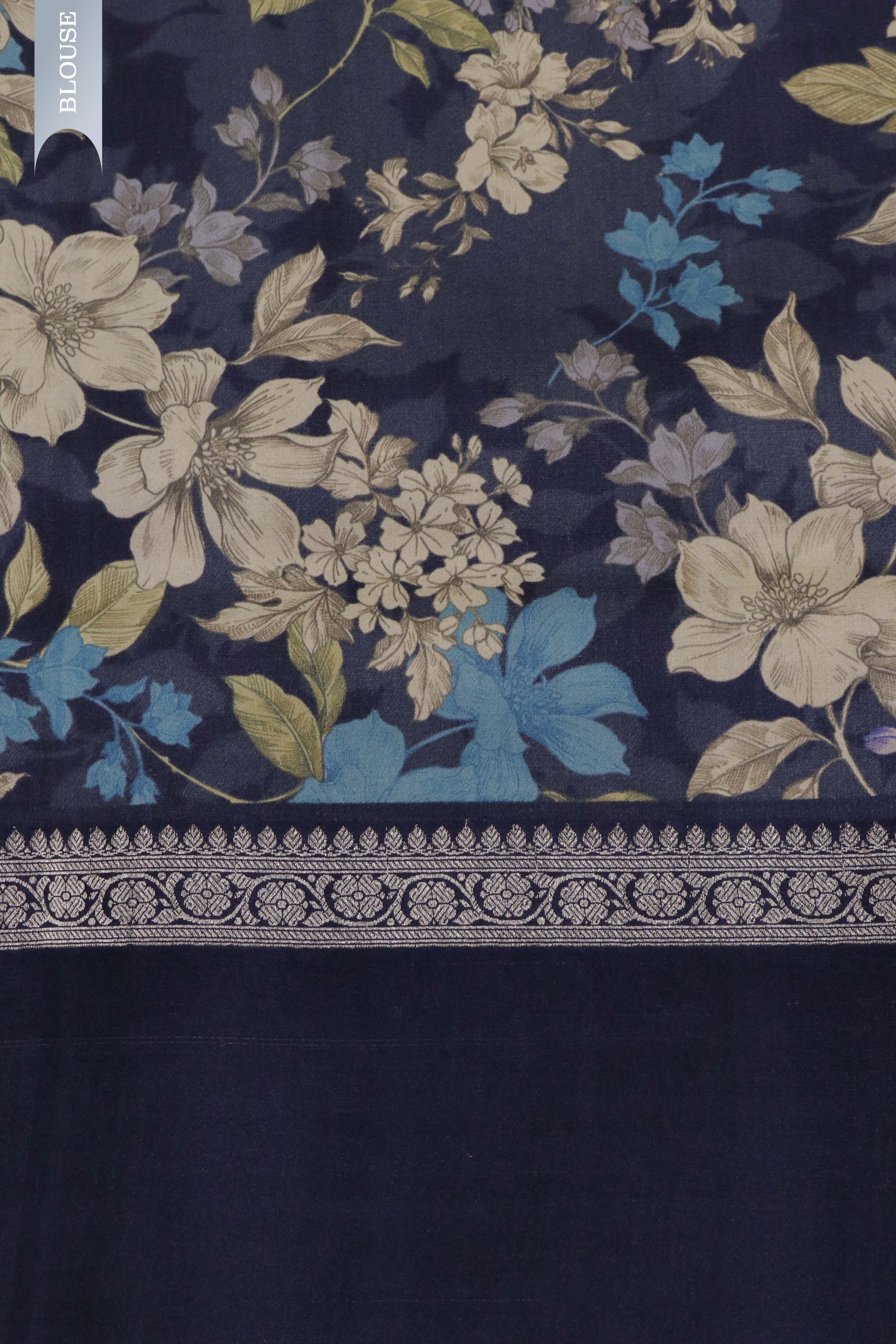 Dark Blue Tussar Silk Saree with Silver Zari Motifs & Satin Printed Border