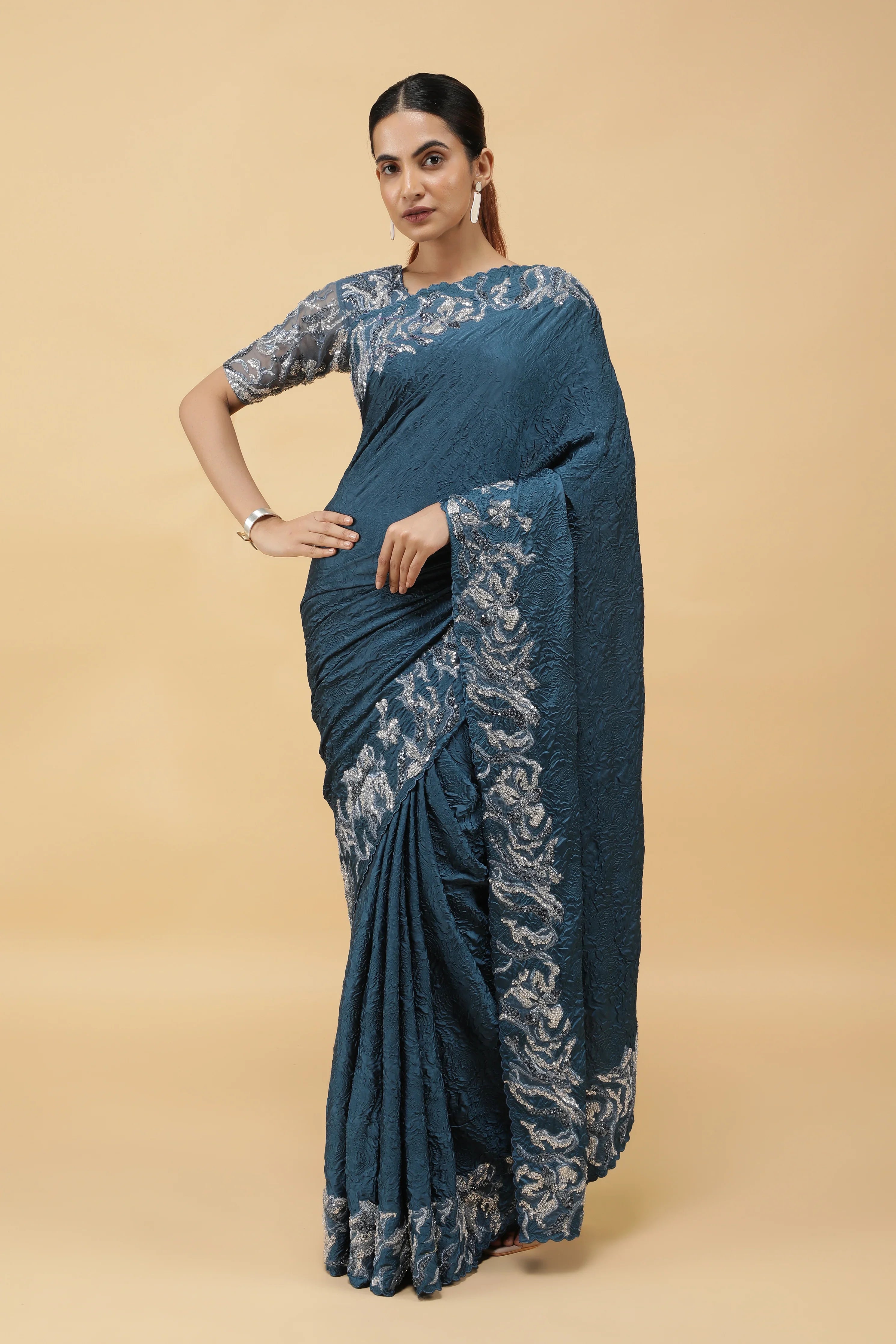 Teal Blue Crepe Silk Saree with Beaded Border - Mokshaa