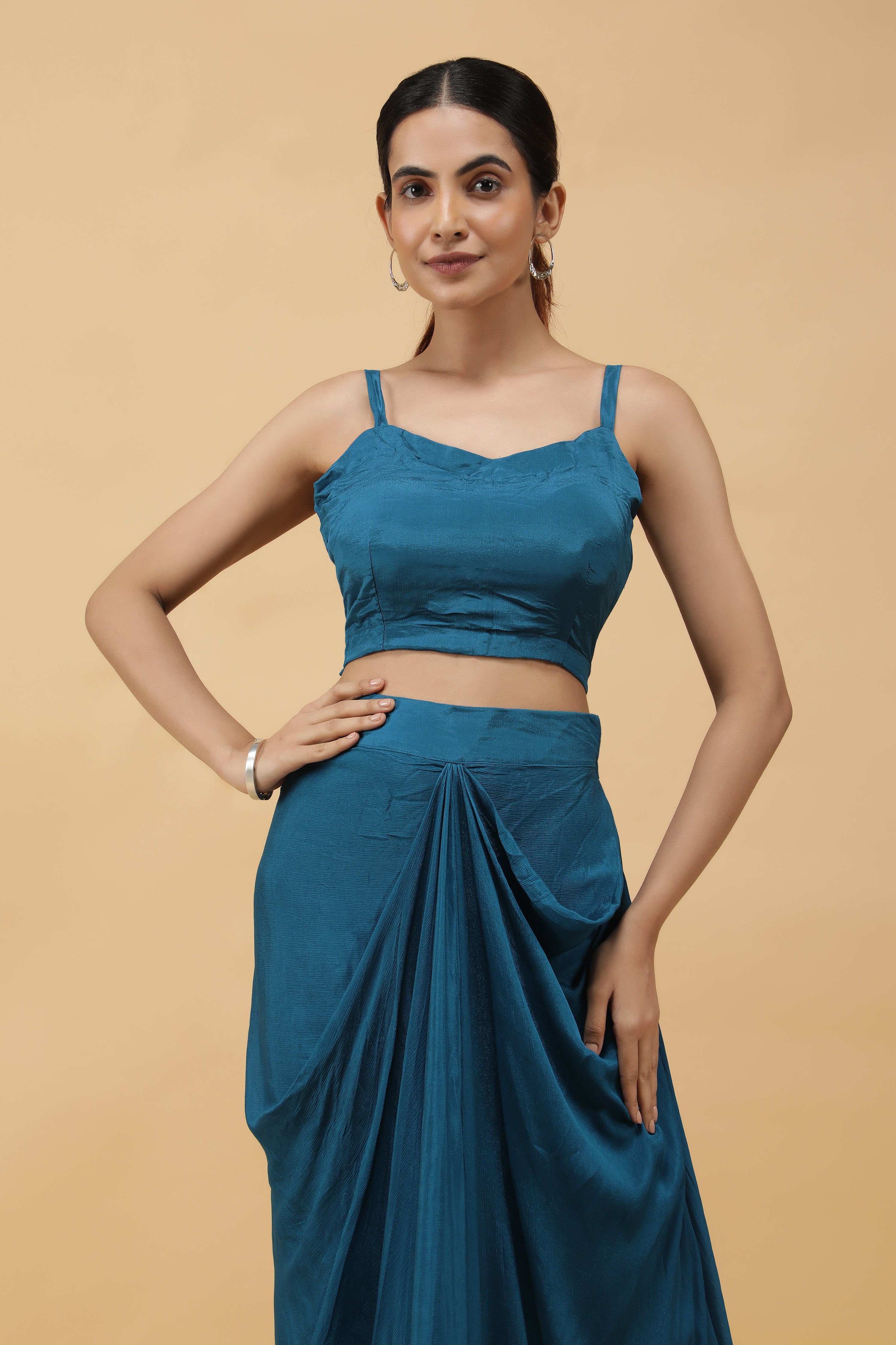 Royal Azure Kutdana Embroidered Crop Top, Draped Skirt & Jacket Set