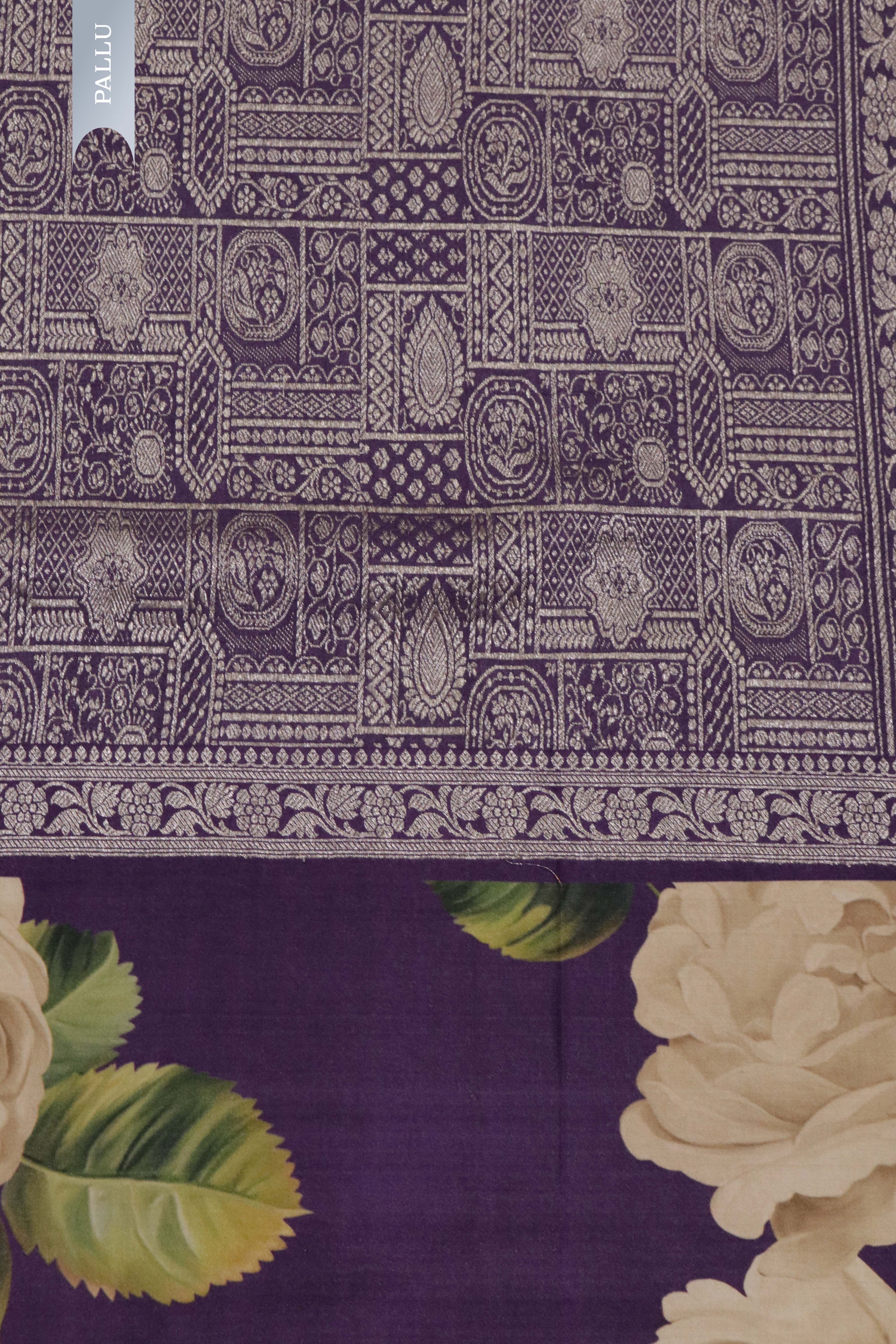 Purple Tussar Silk Saree with Silver Zari Motifs & Printed Border