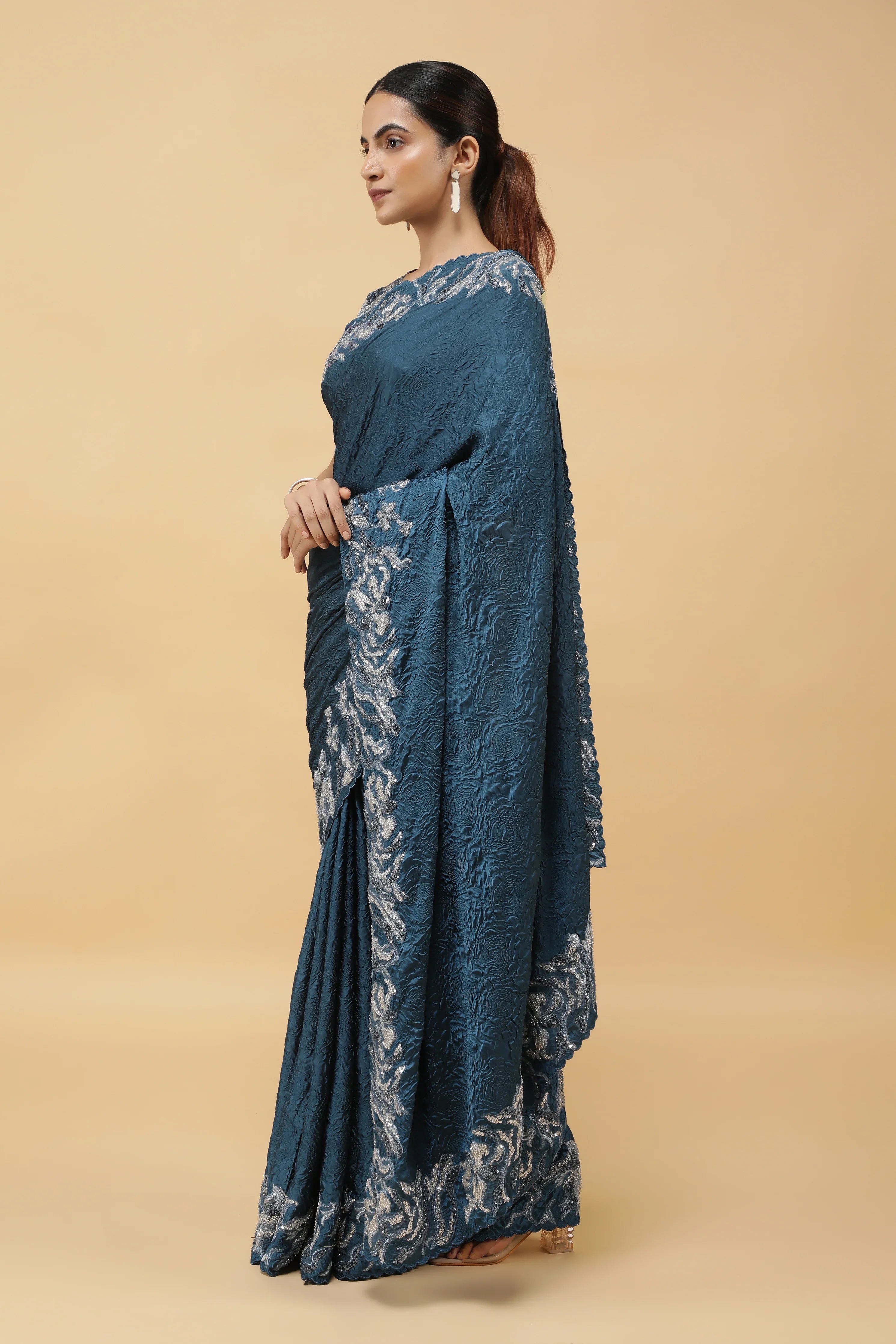 Teal Blue Crepe Silk Saree with Beaded Border - Mokshaa